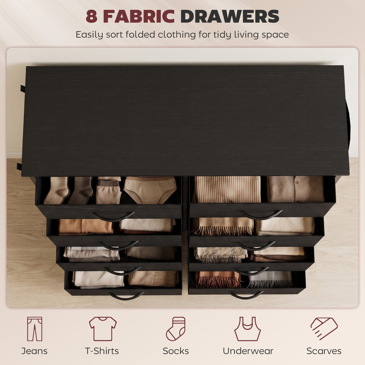 Chest of Drawers, Dresser for Bedroom with 8 Fabric Drawers, Tall Storage Unit with 4 Pockets, 2 Hooks and Steel Frame for Living Room, Hallway, Black
