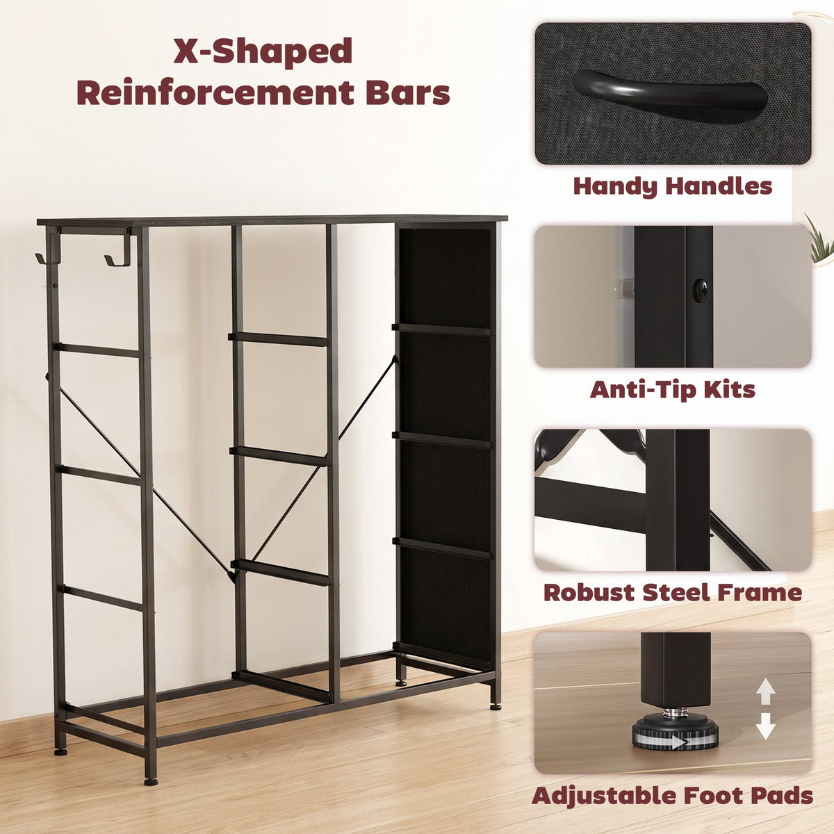 Chest of Drawers, Dresser for Bedroom with 8 Fabric Drawers, Tall Storage Unit with 4 Pockets, 2 Hooks and Steel Frame for Living Room, Hallway, Black