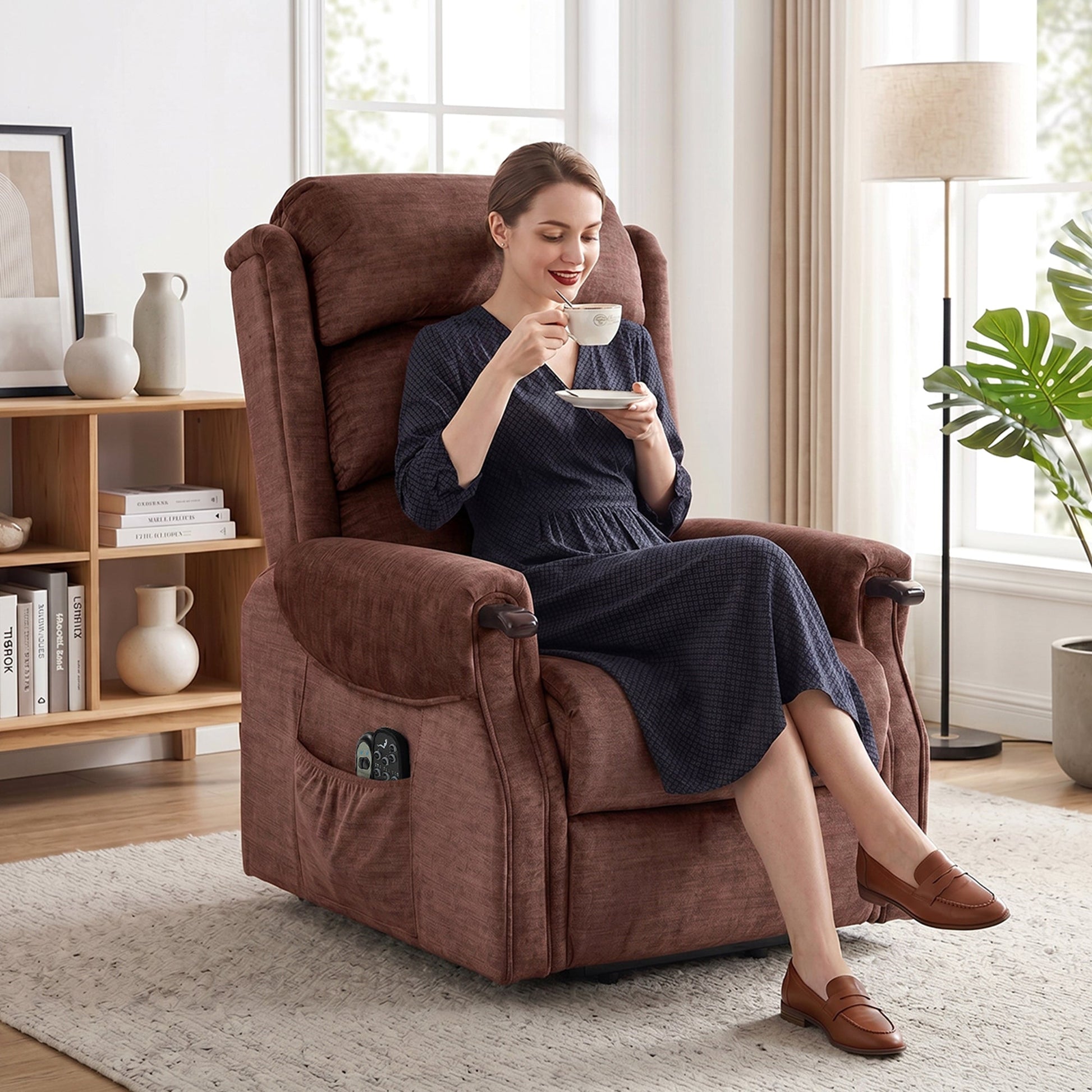 Power Lift Recliner Chair with Vibration Massage and Heat, Electric Lift Chair with Wood Grip, Pocket Spring, Fabric Riser and Reclining Armchair with Remote, Quick Assembly, Brown