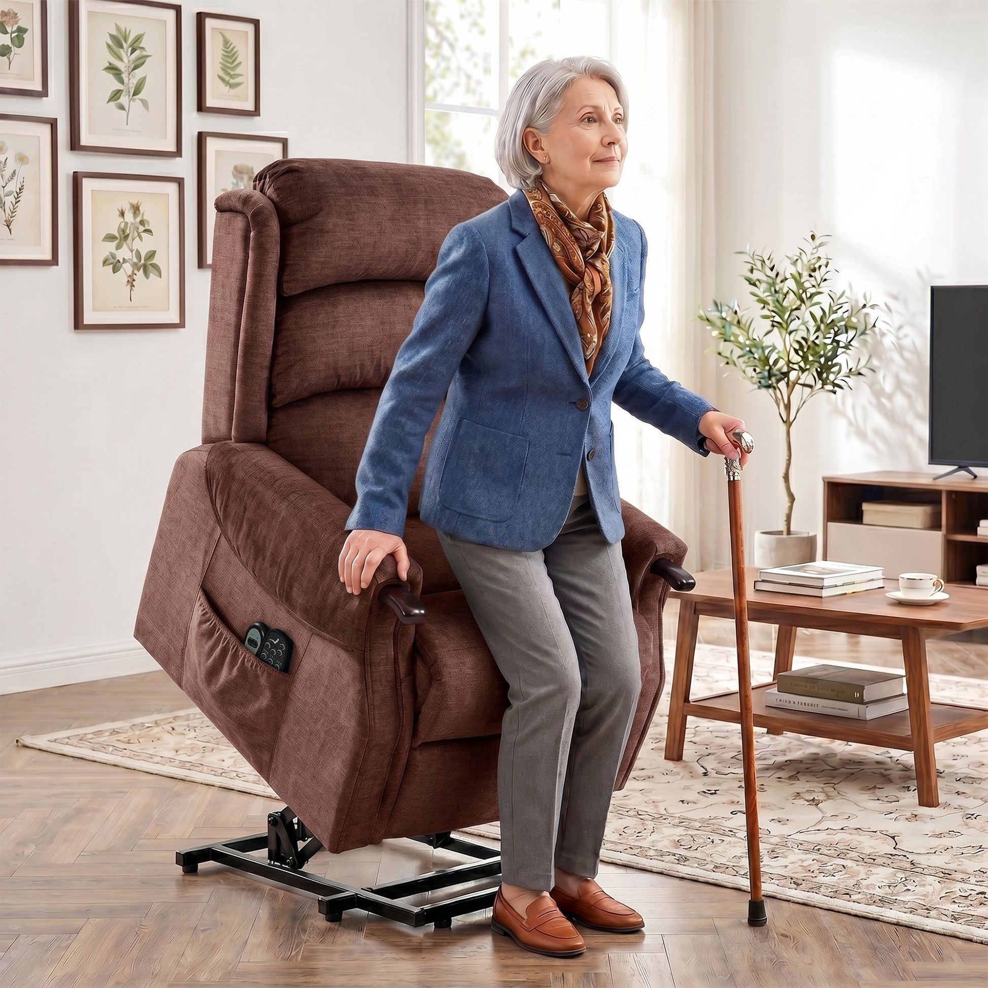 Power Lift Recliner Chair with Vibration Massage and Heat, Electric Lift Chair with Wood Grip, Pocket Spring, Fabric Riser and Reclining Armchair with Remote, Quick Assembly, Brown