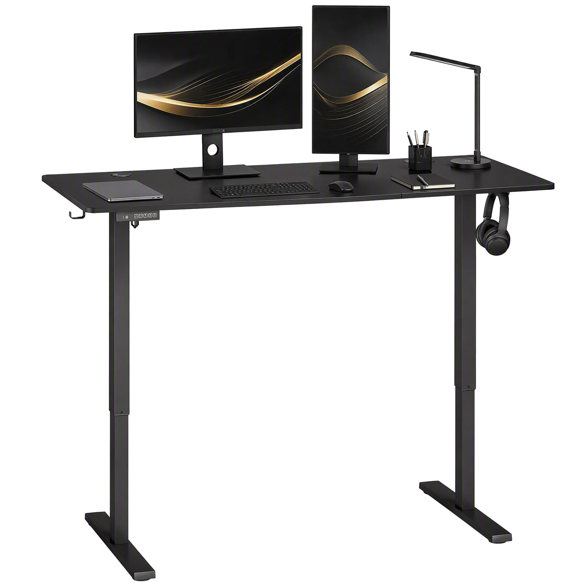 Electric Standing Desk Height Adjustable 140 x 60cm, Sit Stand Desk with 3 Memory Presets, Quiet Home Office Computer Desk with LED Display, Cable Holes & Hooks for Bedroom, Home Office, Black