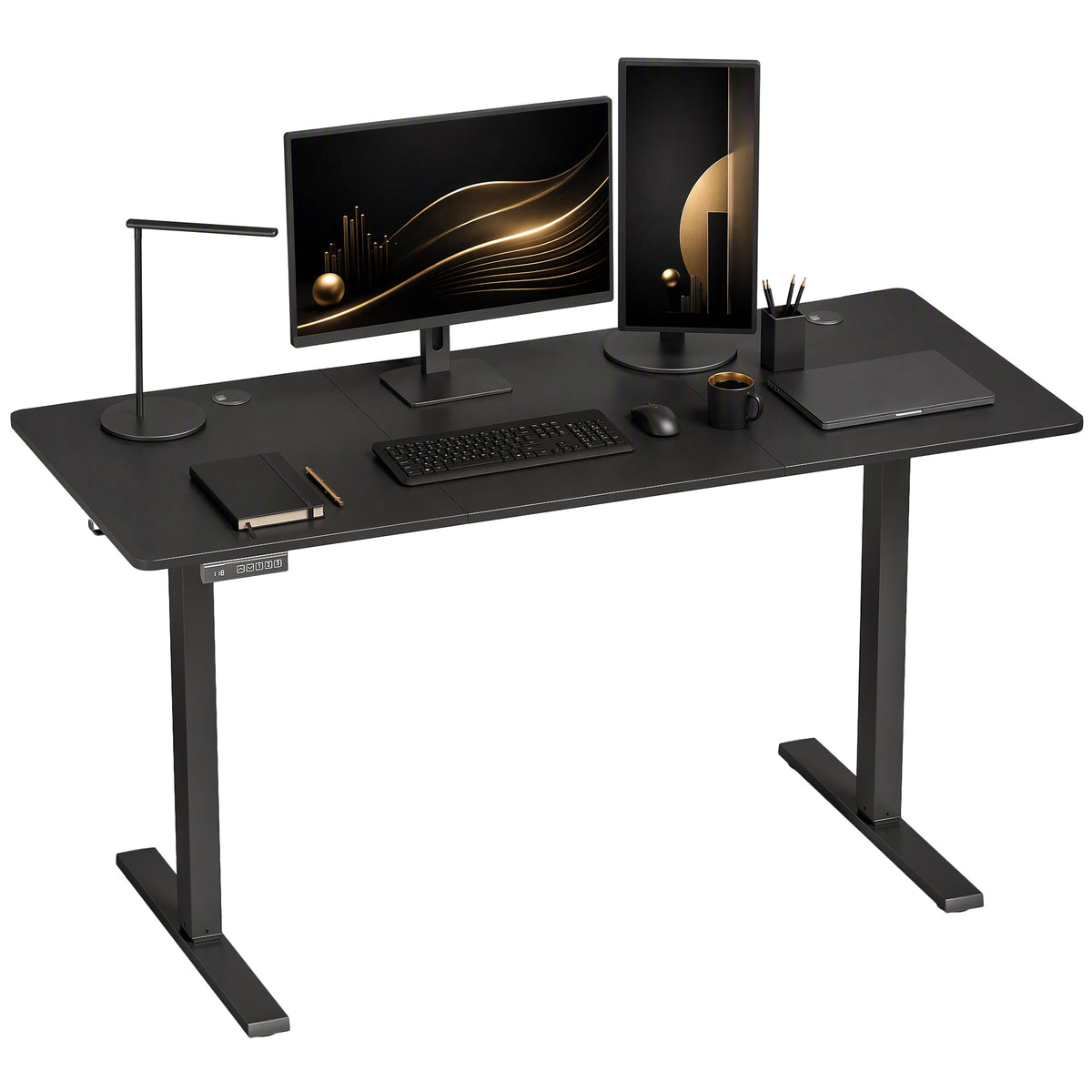 Electric Standing Desk Height Adjustable 140 x 60cm, Sit Stand Desk with 3 Memory Presets, Quiet Home Office Computer Desk with LED Display, Cable Holes & Hooks for Bedroom, Home Office, Black
