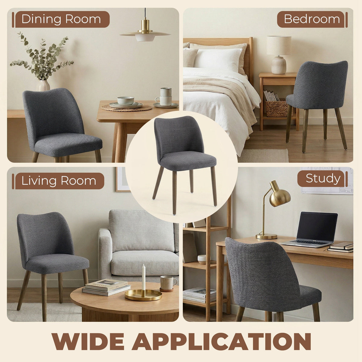 Dining Chairs Set of 2, Modern Linen Upholstered Kitchen Chairs with Padded Seat, Curved Backrest, Rubberwood Legs for Dining Room, Bedroom, Living Room, Easy Assembly, Dark Grey