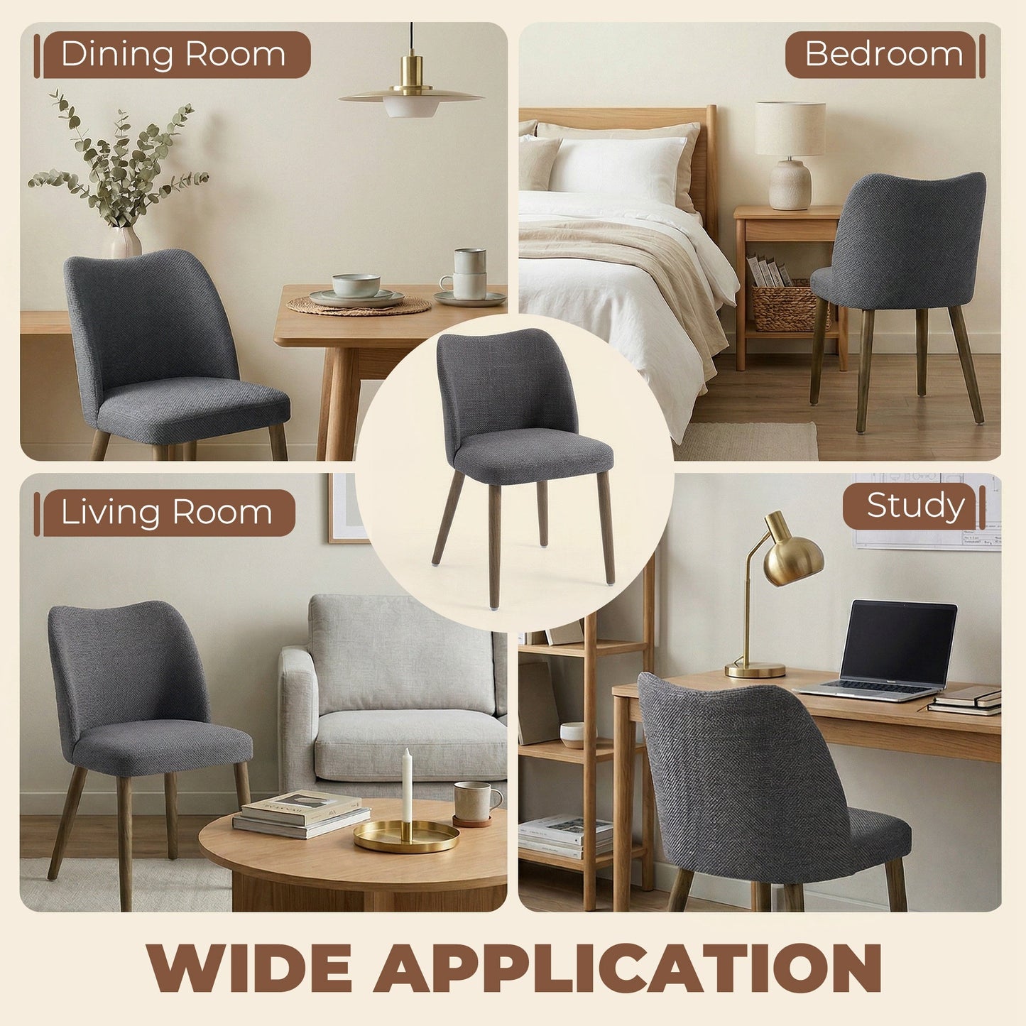 Dining Chairs Set of 2, Modern Linen Upholstered Kitchen Chairs with Padded Seat, Curved Backrest, Rubberwood Legs for Dining Room, Bedroom, Living Room, Easy Assembly, Dark Grey