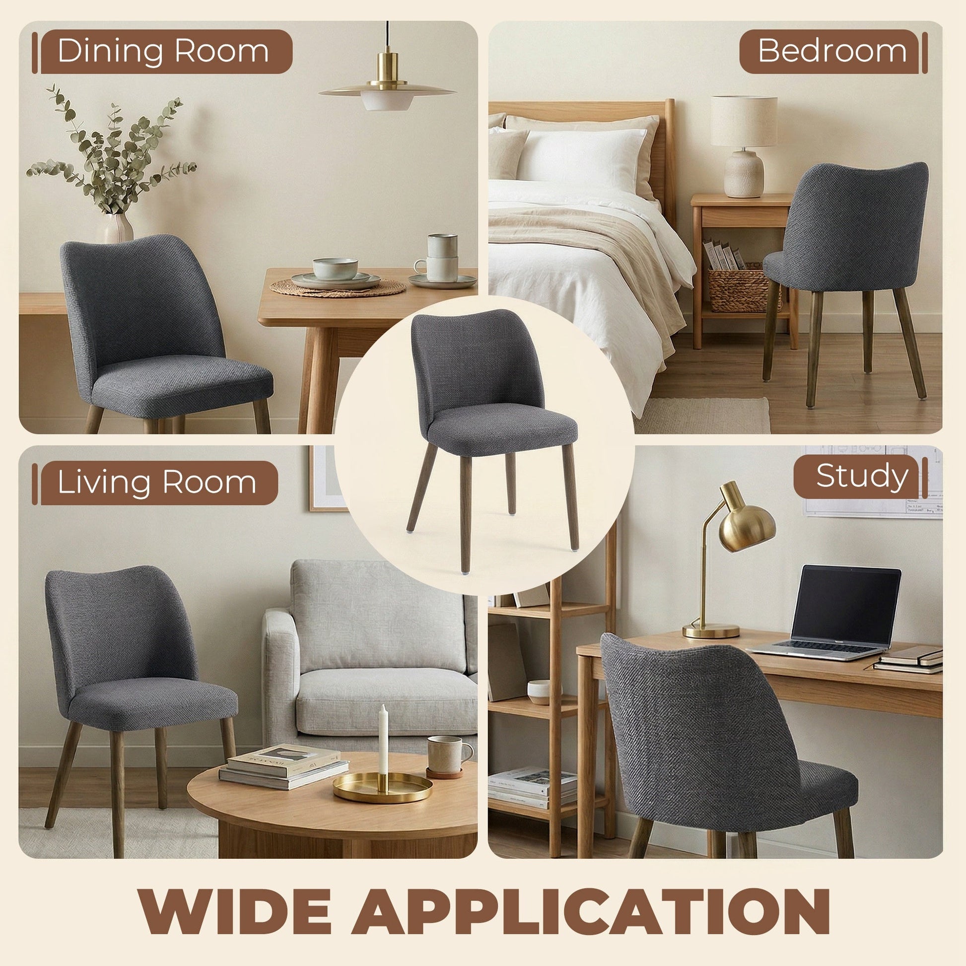 Dining Chairs Set of 2, Modern Linen Upholstered Kitchen Chairs with Padded Seat, Curved Backrest, Rubberwood Legs for Dining Room, Bedroom, Living Room, Easy Assembly, Dark Grey