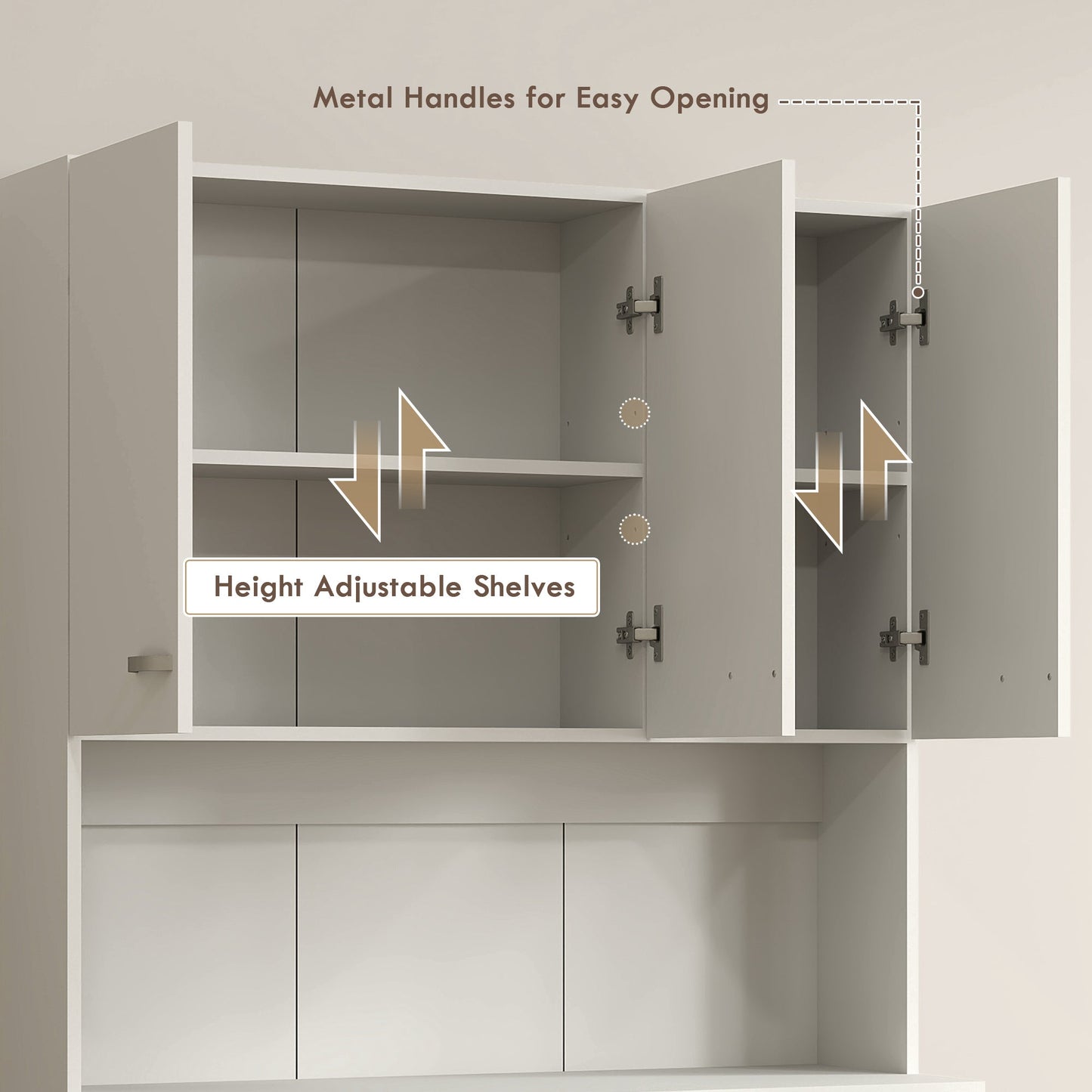 HOMCOM Kitchen Cupboard, Freestanding Kitchen Storage Cabinet with 6 Doors, Drawer, Adjustable Shelves and Open Countertop for Dining Room, Cream White