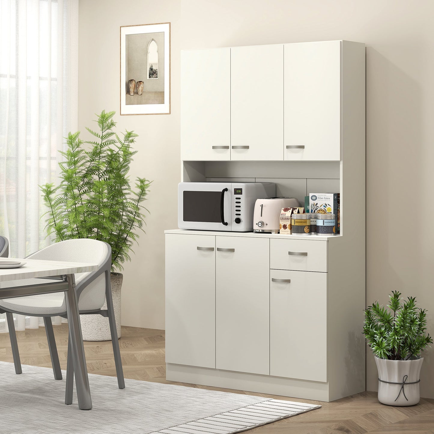 HOMCOM Kitchen Cupboard, Freestanding Kitchen Storage Cabinet with 6 Doors, Drawer, Adjustable Shelves and Open Countertop for Dining Room, Cream White