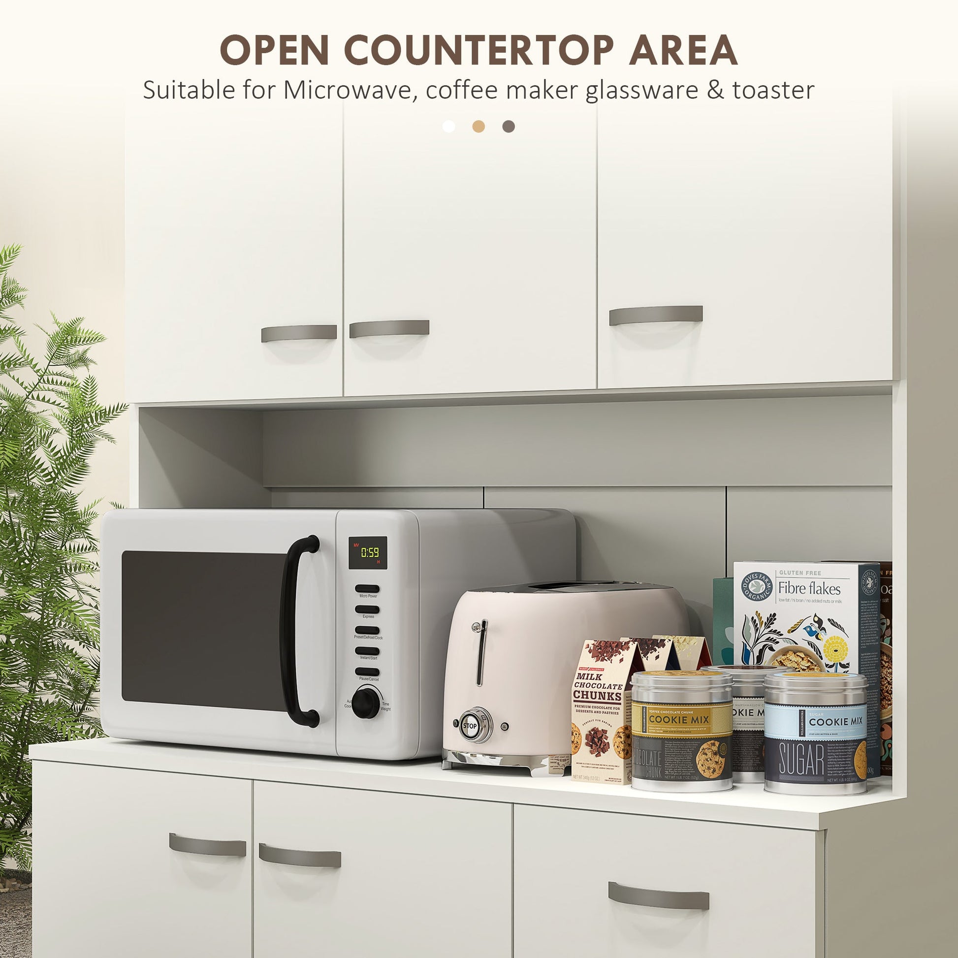HOMCOM Kitchen Cupboard, Freestanding Kitchen Storage Cabinet with 6 Doors, Drawer, Adjustable Shelves and Open Countertop for Dining Room, Cream White