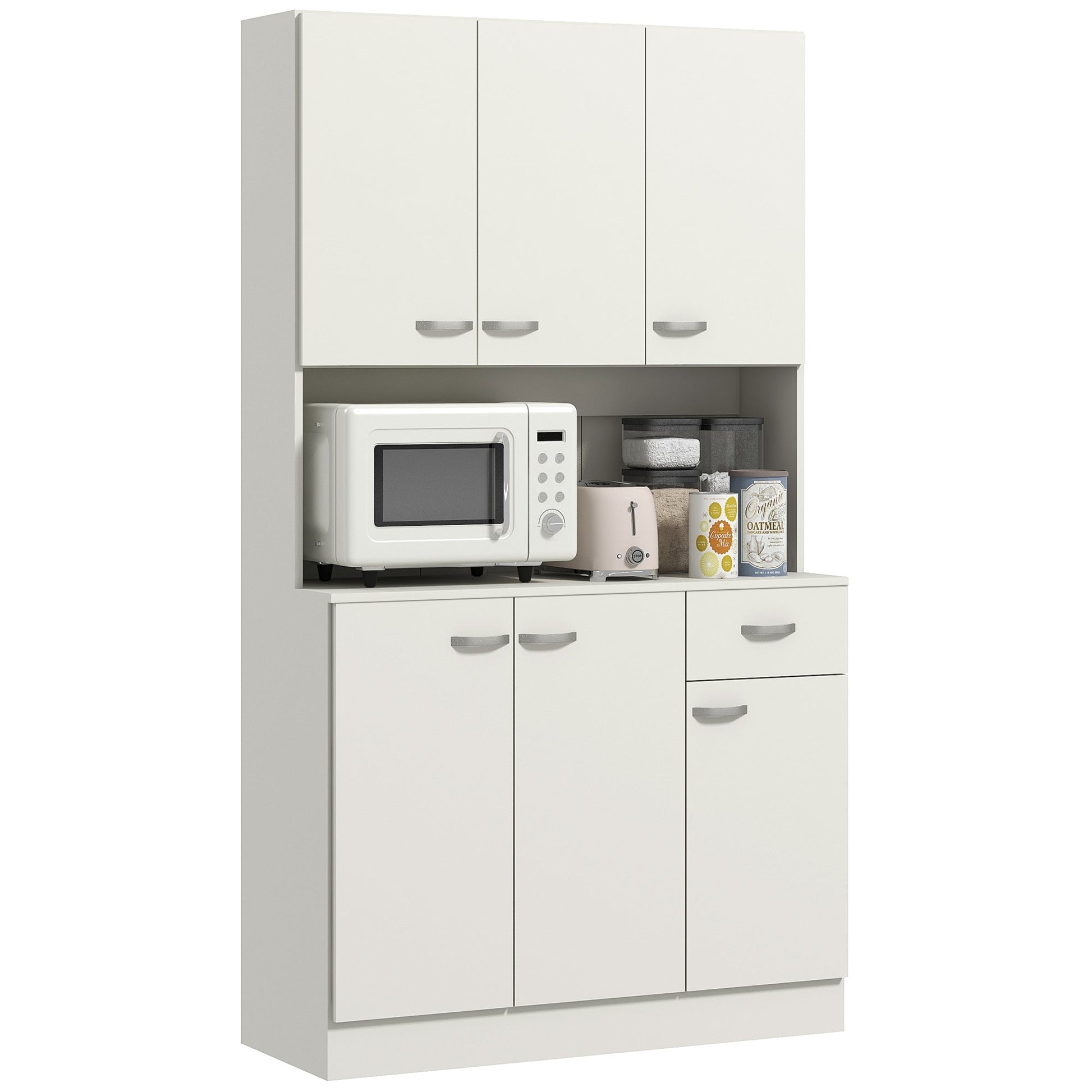 HOMCOM Kitchen Cupboard, Freestanding Kitchen Storage Cabinet with 6 Doors, Drawer, Adjustable Shelves and Open Countertop for Dining Room, Cream White