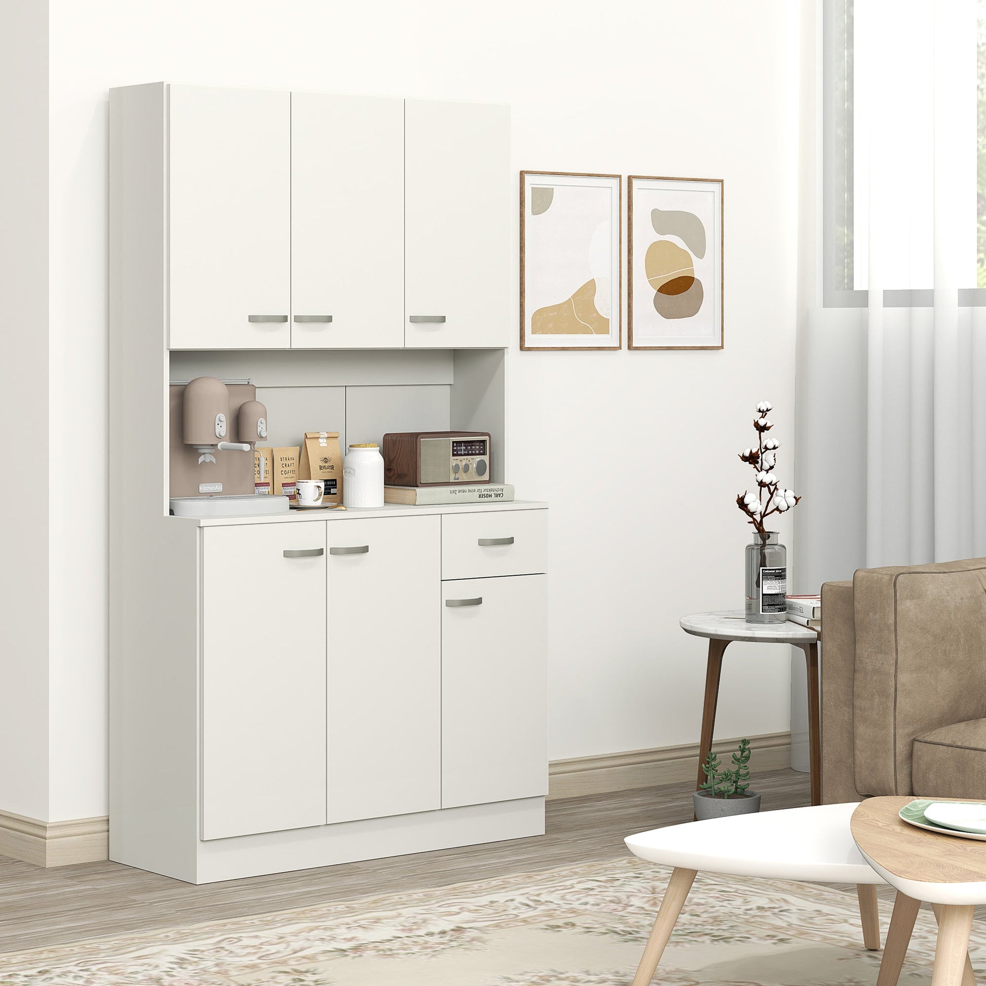 HOMCOM Kitchen Cupboard, Freestanding Kitchen Storage Cabinet with 6 Doors, Drawer, Adjustable Shelves and Open Countertop for Dining Room, Cream White