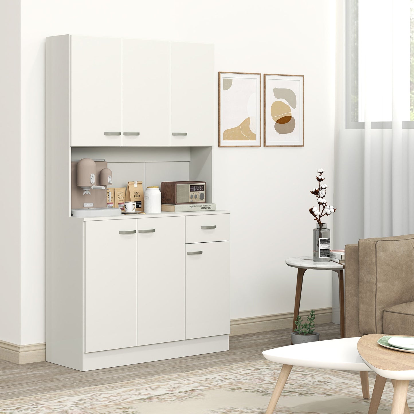 HOMCOM Kitchen Cupboard, Freestanding Kitchen Storage Cabinet with 6 Doors, Drawer, Adjustable Shelves and Open Countertop for Dining Room, Cream White