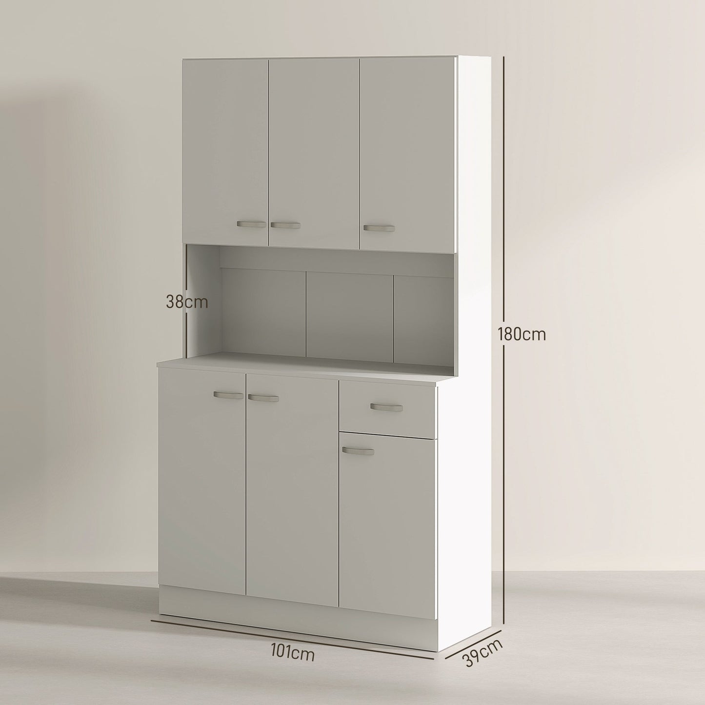 HOMCOM Kitchen Cupboard, Freestanding Kitchen Storage Cabinet with 6 Doors, Drawer, Adjustable Shelves and Open Countertop for Dining Room, Cream White