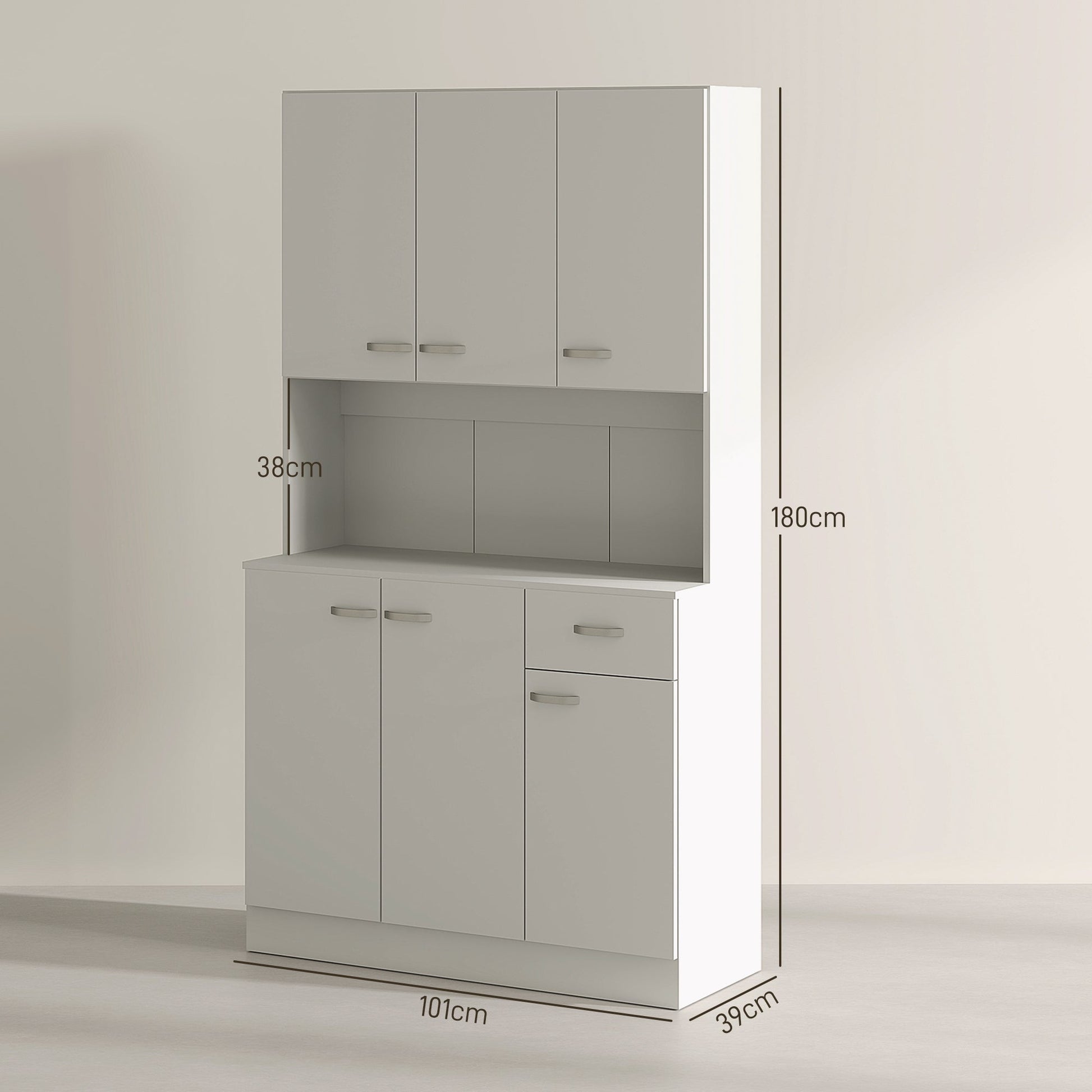 HOMCOM Kitchen Cupboard, Freestanding Kitchen Storage Cabinet with 6 Doors, Drawer, Adjustable Shelves and Open Countertop for Dining Room, Cream White
