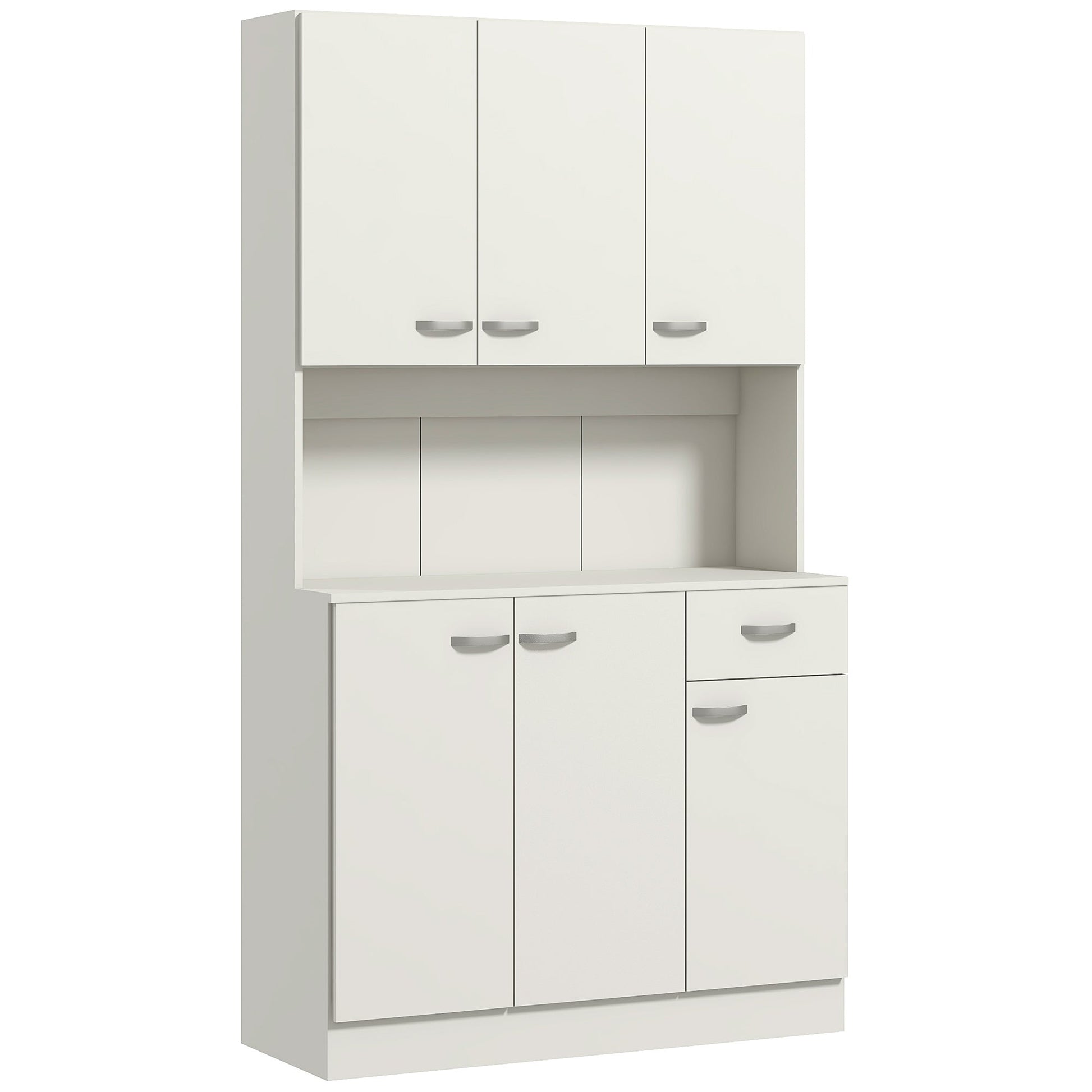 HOMCOM Kitchen Cupboard, Freestanding Kitchen Storage Cabinet with 6 Doors, Drawer, Adjustable Shelves and Open Countertop for Dining Room, Cream White
