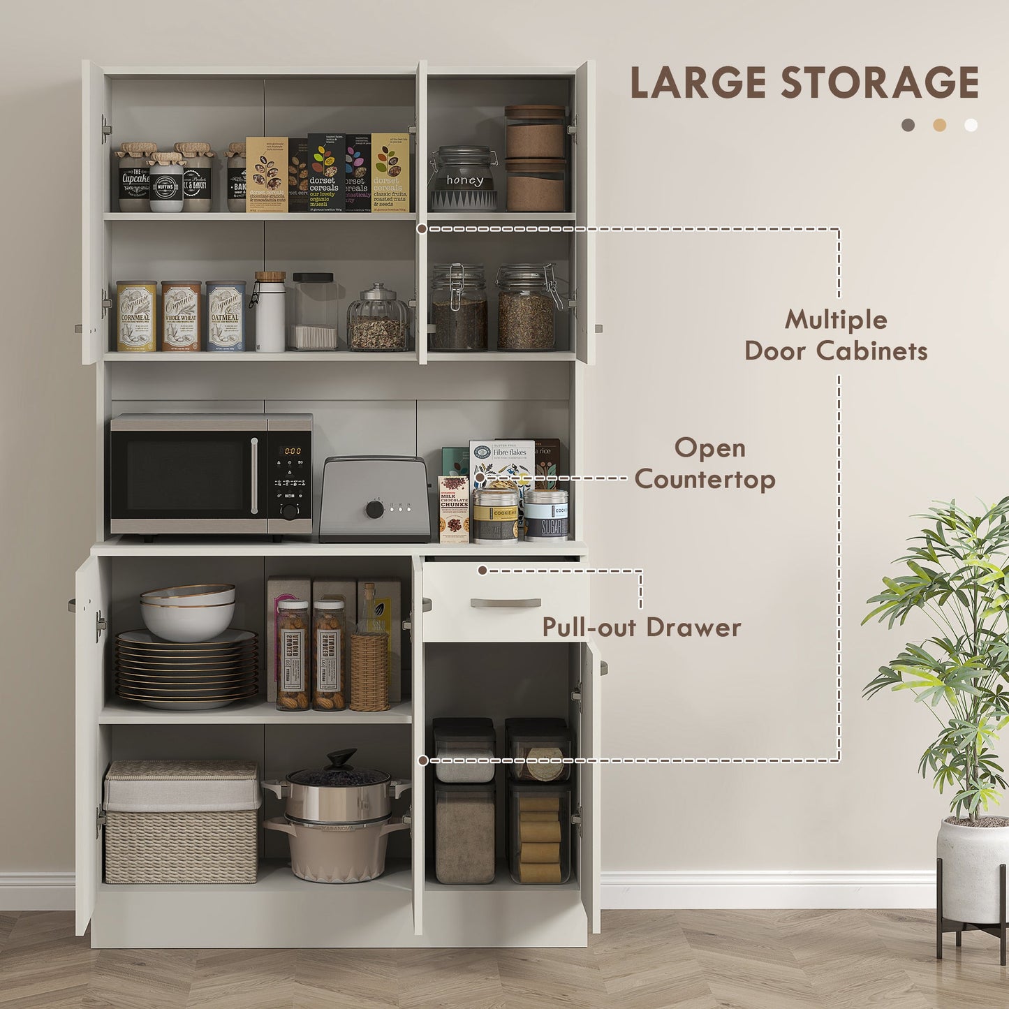 HOMCOM Kitchen Cupboard, Freestanding Kitchen Storage Cabinet with 6 Doors, Drawer, Adjustable Shelves and Open Countertop for Dining Room, Cream White