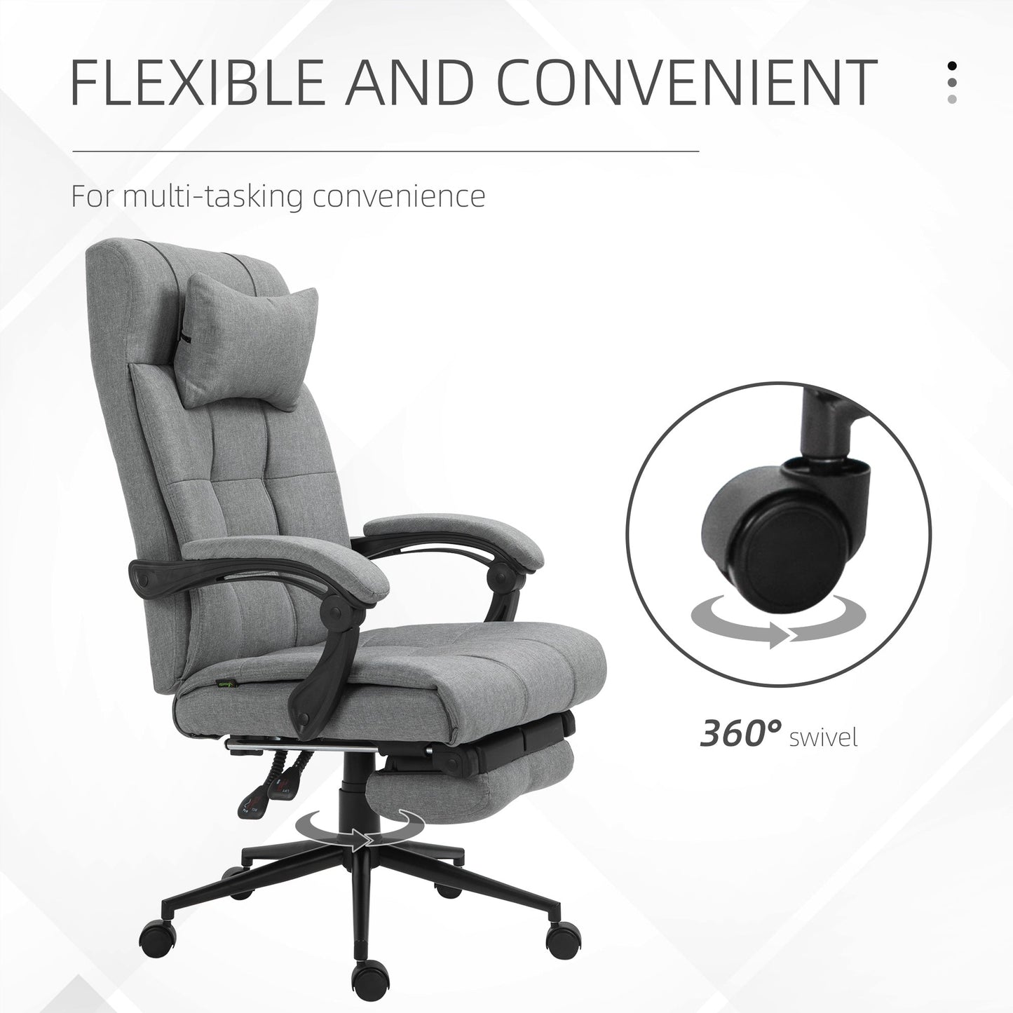 Vinsetto Office Chair Ergonomic Desk Chair, Computer Chair with Footrest & Head Pillow, 360° Swivel Recliner Chair for Home Office, Light Grey