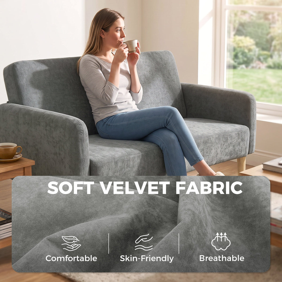 2 Seater Sofa, 160cm Velvet Small Couch with 20cm Thick Padding, Wide and Deep Seat, Plush Backrest, Loveseat Sofa Settee for Small Space, Living Room, Bedroom, Home Office, Grey