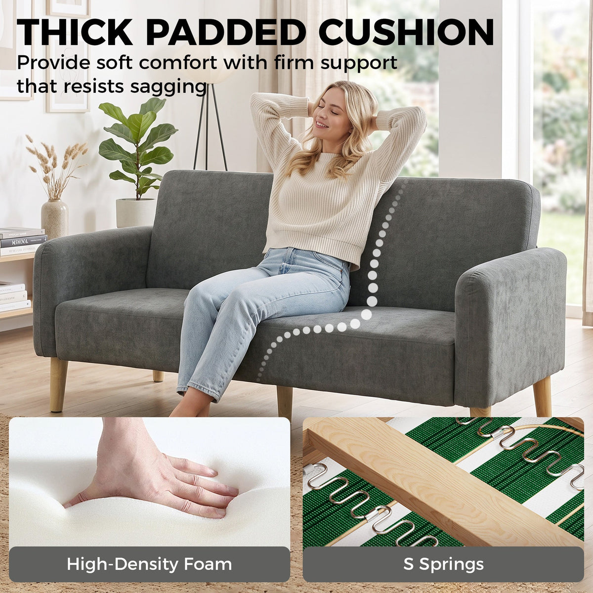 2 Seater Sofa, 160cm Velvet Small Couch with 20cm Thick Padding, Wide and Deep Seat, Plush Backrest, Loveseat Sofa Settee for Small Space, Living Room, Bedroom, Home Office, Grey