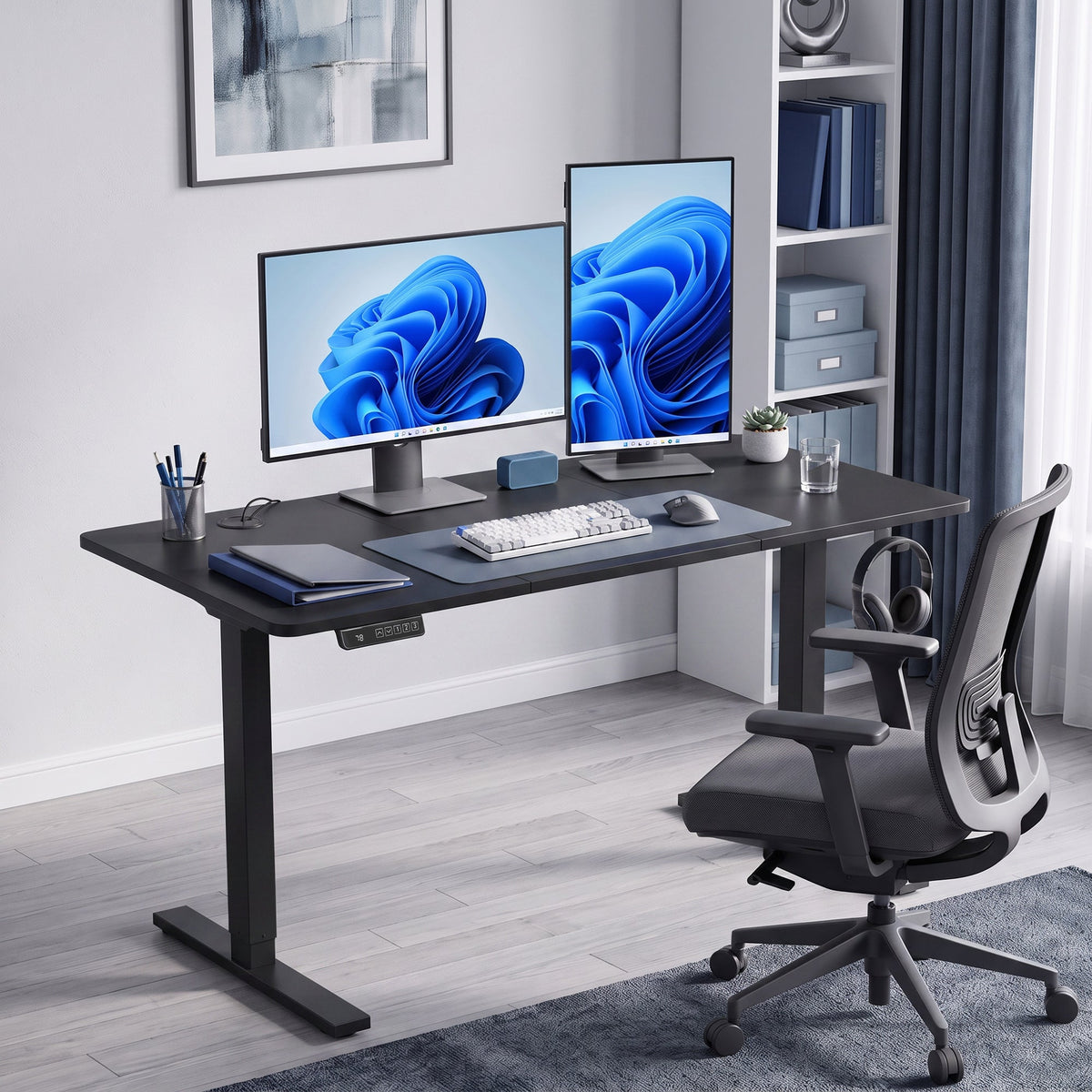 Electric Standing Desk Height Adjustable 120 x 60cm, Sit Stand Desk with 3 Memory Presets, Quiet Home Office Computer Desk with LED Display, Cable Holes & Hooks for Bedroom, Home Office, Black