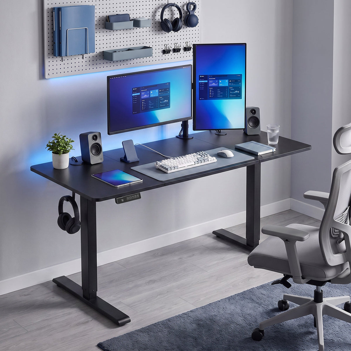 Electric Standing Desk Height Adjustable 120 x 60cm, Sit Stand Desk with 3 Memory Presets, Quiet Home Office Computer Desk with LED Display, Cable Holes & Hooks for Bedroom, Home Office, Black