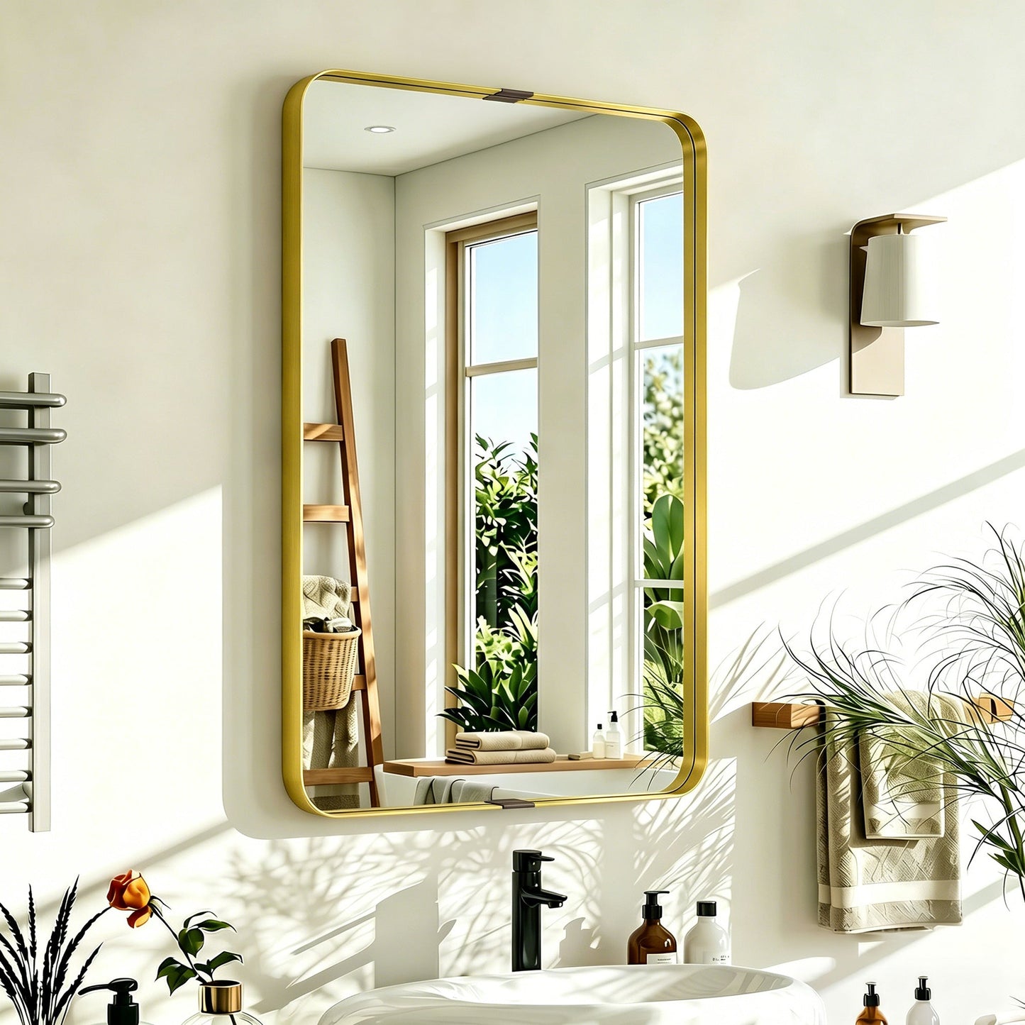 Rectangular Wall Mirror, 90 x 60 cm Wall Mounted Bathroom Mirror with Aluminium Alloy Frame and Tempered Glass for Hallway, Living Room, Bedroom, Gold Tone