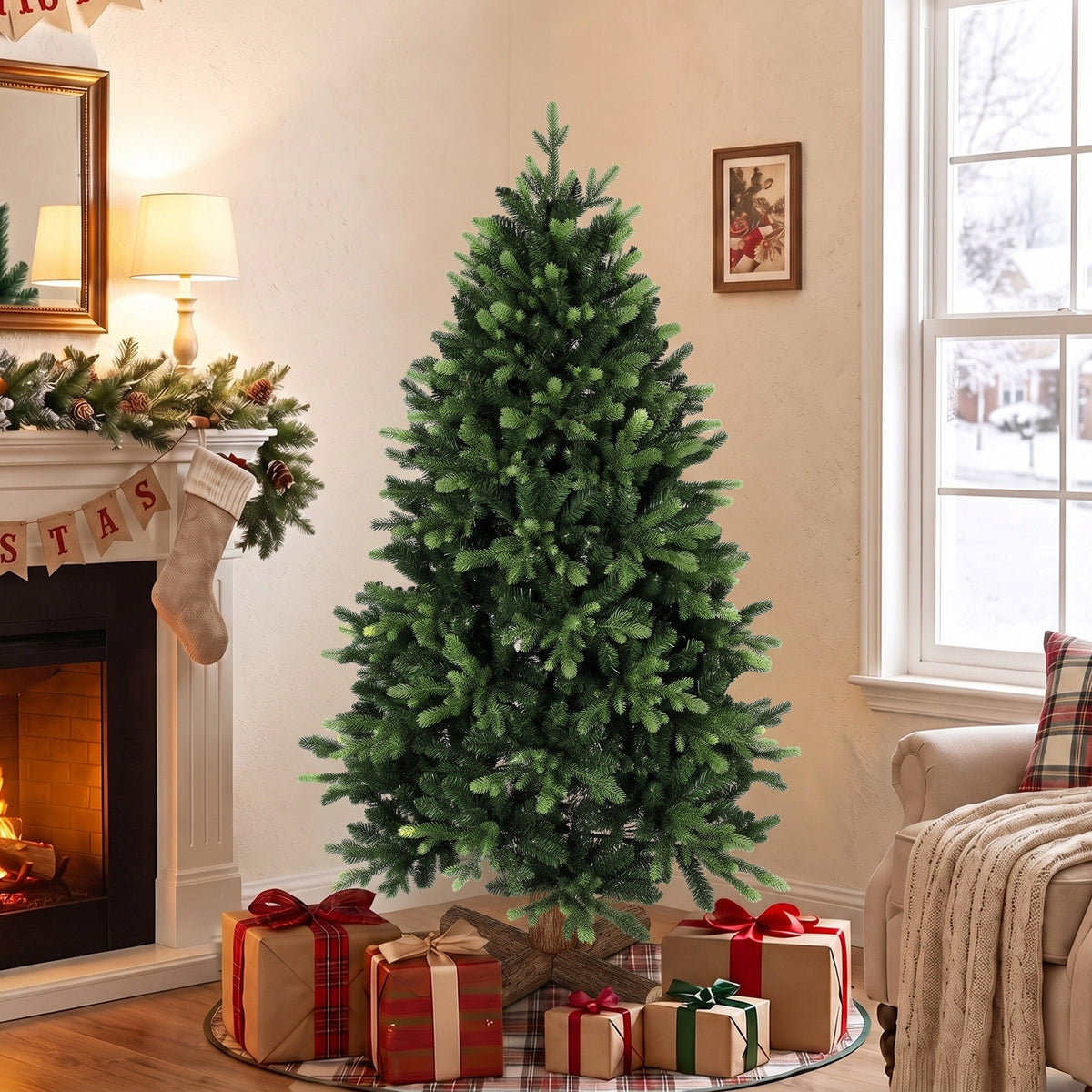 5ft Artificial Christmas Tree, Hinged Xmas Tree with 1620 PE & PVC Branch Tips, Solid Fir Wood Stand, Auto Open for Home Office Holiday Decoration, Green
