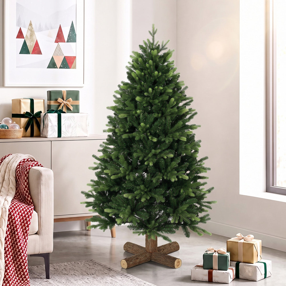 5ft Artificial Christmas Tree, Hinged Xmas Tree with 1620 PE & PVC Branch Tips, Solid Fir Wood Stand, Auto Open for Home Office Holiday Decoration, Green