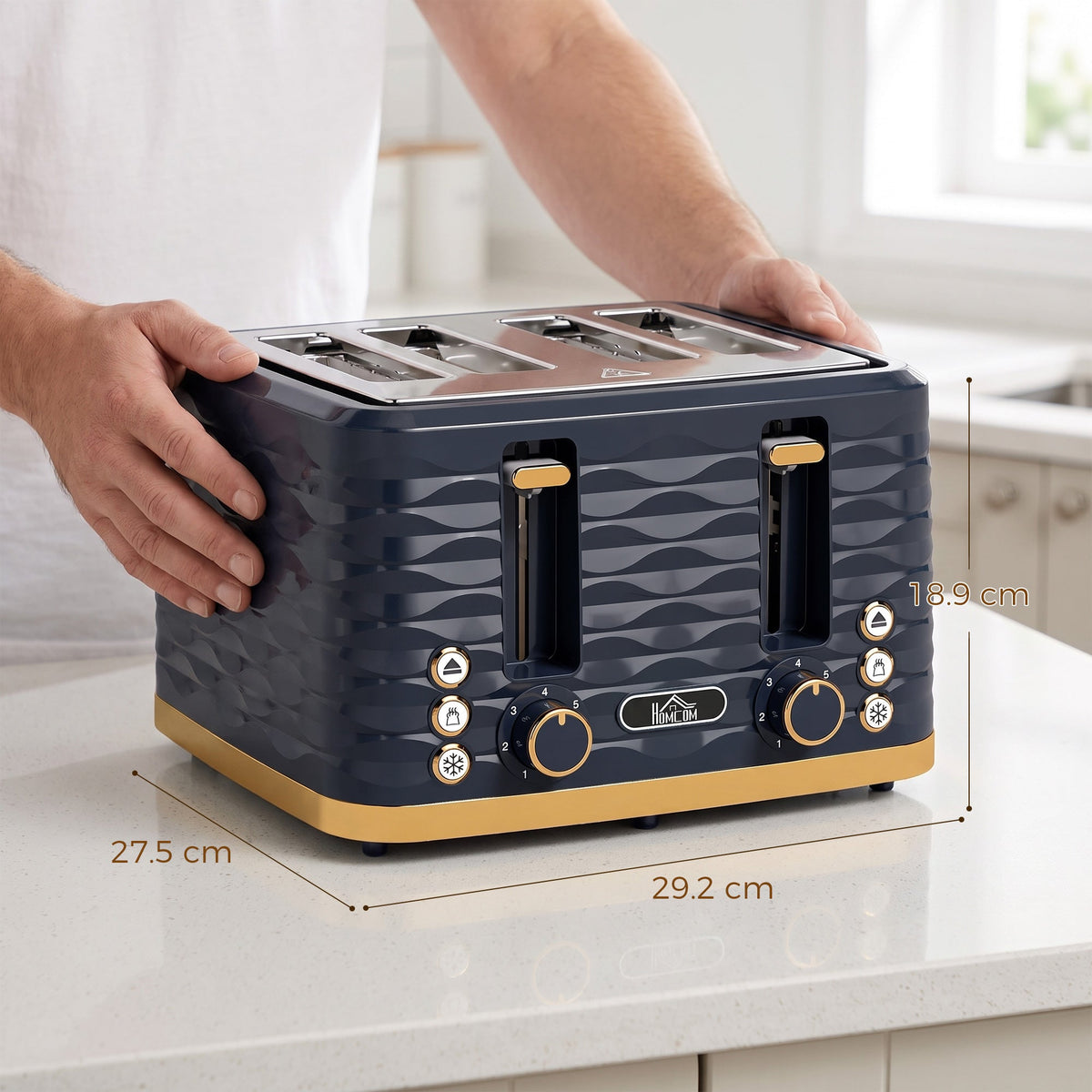 4 Slice Toaster with 7 Browning Levels, High Lift, Reheat/Defrost/Cancel, Self-centring Function, Removable Crumb Tray, Water Ripple Texture, Dark Blue