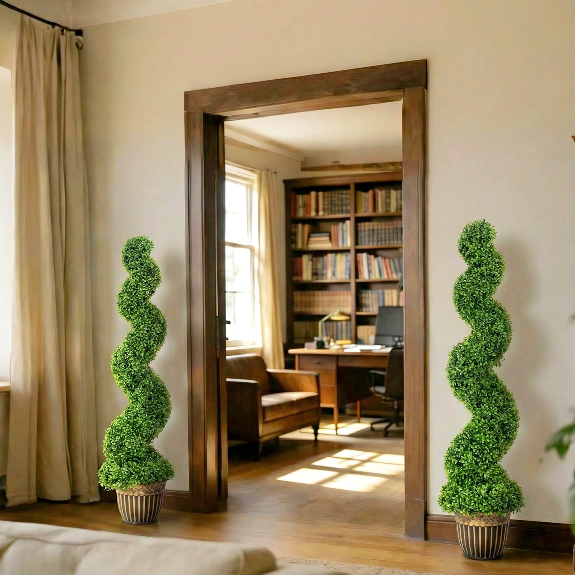 Set of 2 Decorative Artificial Plants Topiary Spiral Boxwood Trees in Pot, Fake Plants for Home Indoor Outdoor Decor, 150cm, Green