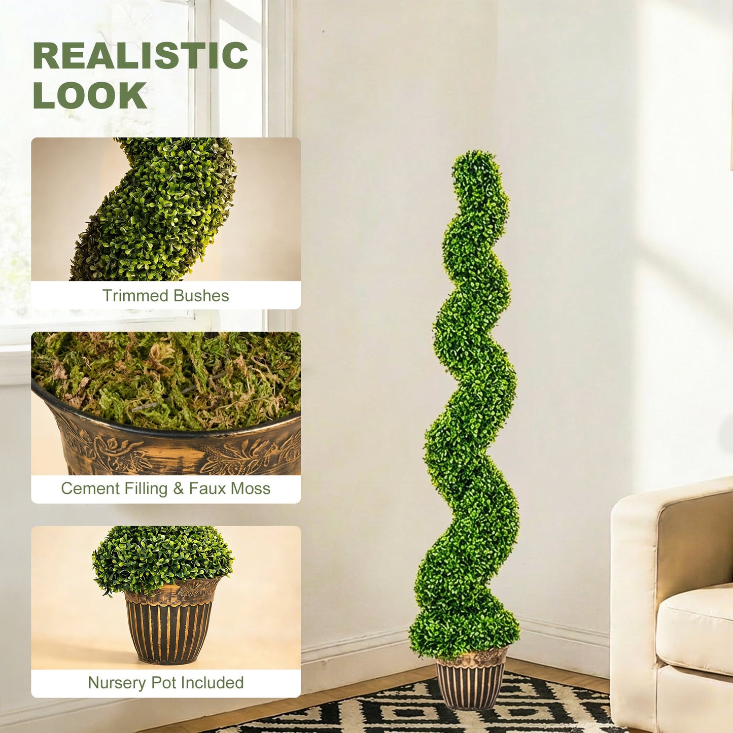 Set of 2 Decorative Artificial Plants Topiary Spiral Boxwood Trees in Pot, Fake Plants for Home Indoor Outdoor Decor, 150cm, Green
