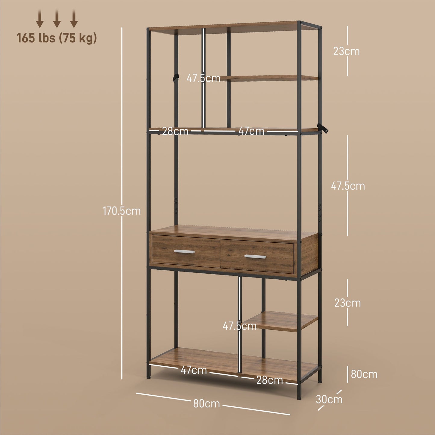 HOMCOM 5 Tier Book Shelf with 2 Drawers, Industrial Storage Shelves, Metal Shelving Unit for Living Room, Study, Bedroom, Brown