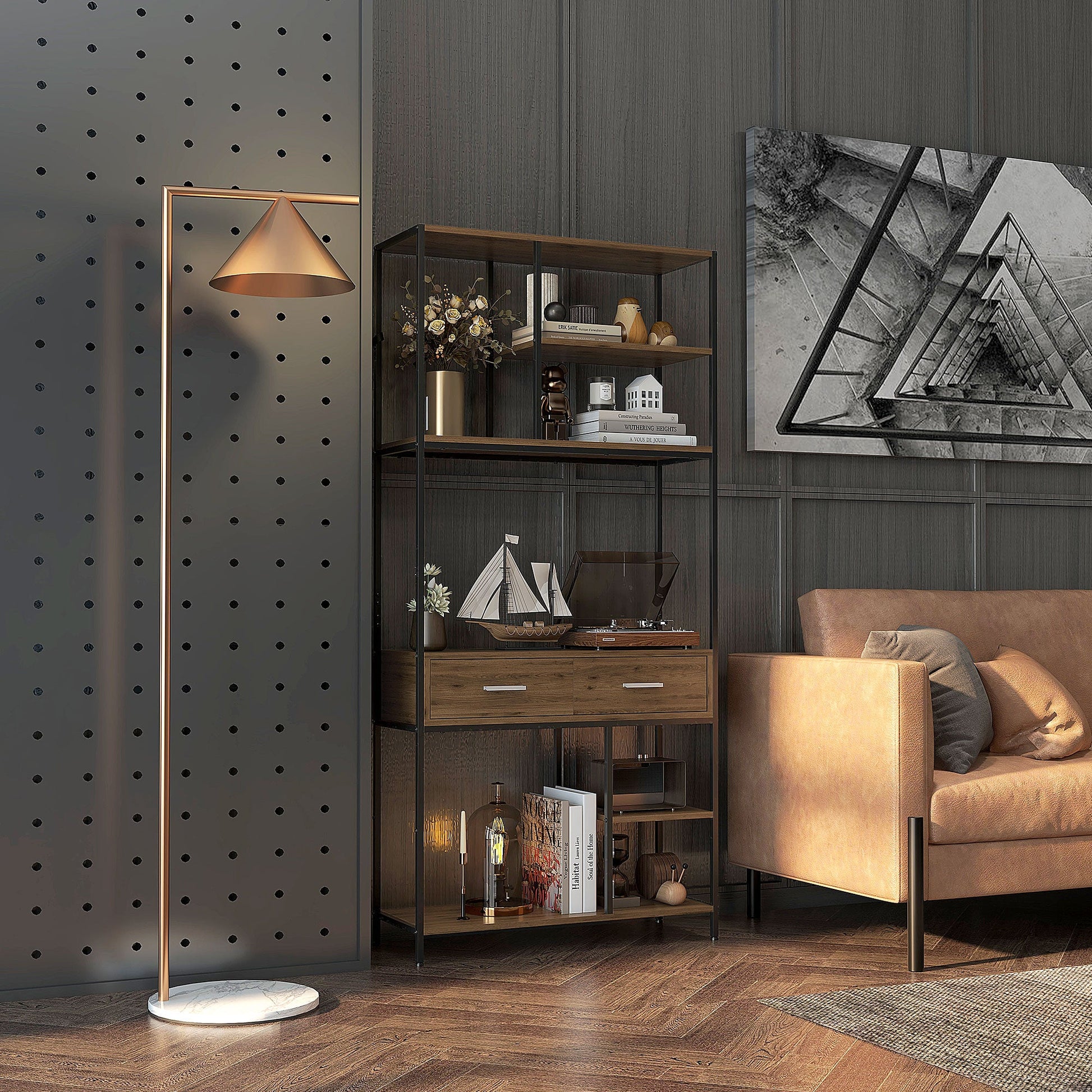 HOMCOM 5 Tier Book Shelf with 2 Drawers, Industrial Storage Shelves, Metal Shelving Unit for Living Room, Study, Bedroom, Brown