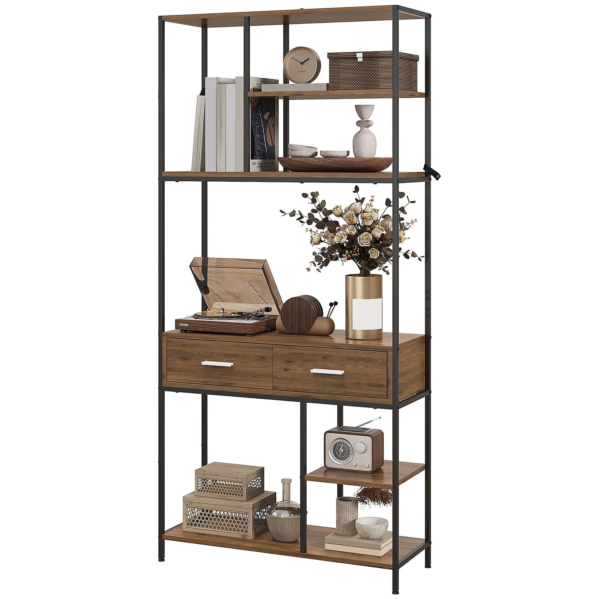 HOMCOM 5 Tier Book Shelf with 2 Drawers, Industrial Storage Shelves, Metal Shelving Unit for Living Room, Study, Bedroom, Brown