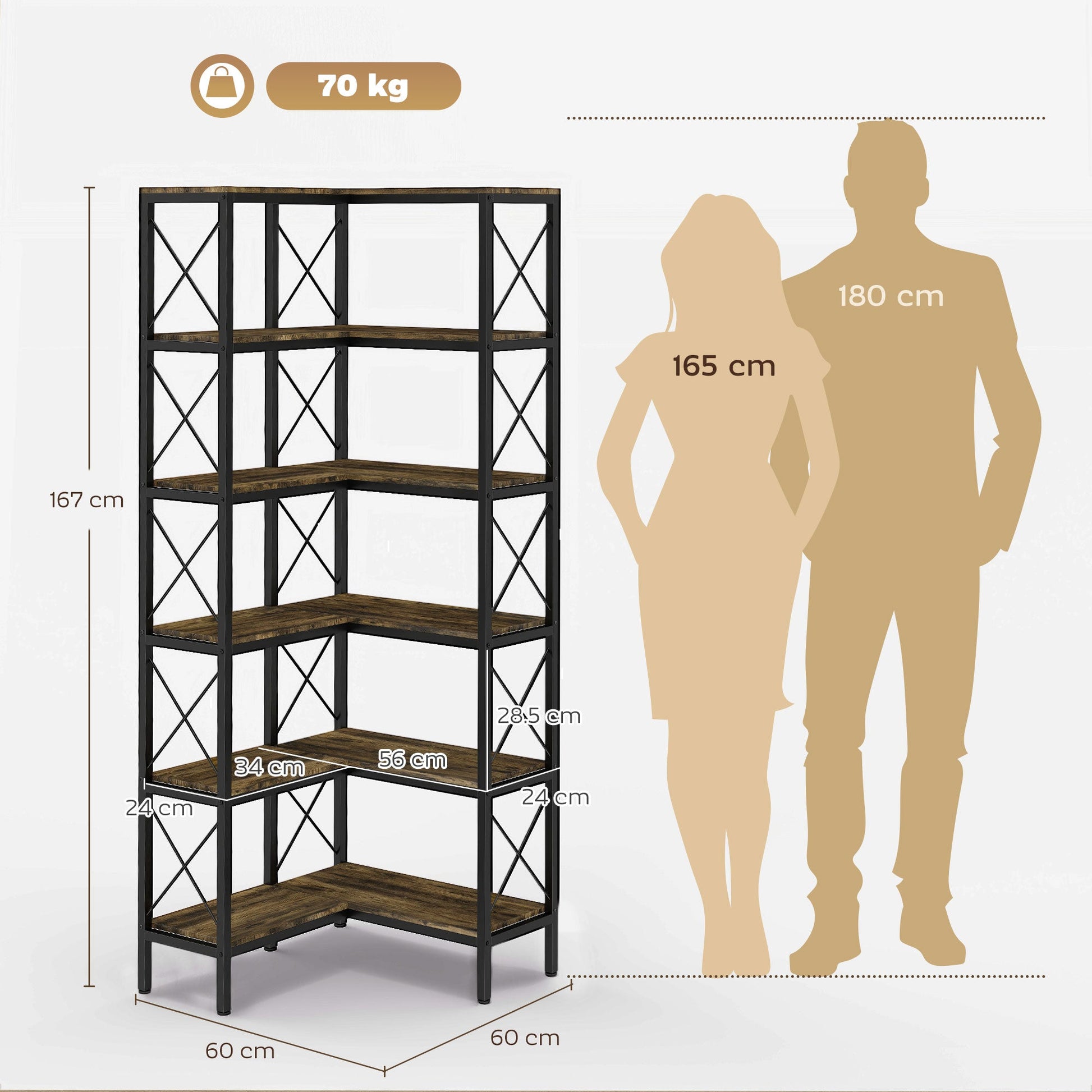 5-Tier Corner Bookshelf, L-Shaped Bookcase, Freestanding Display Shelf with Metal Frame for Living Room, Home Office, Bedroom, 60 x 60 x 167 cm, Rustic Brown