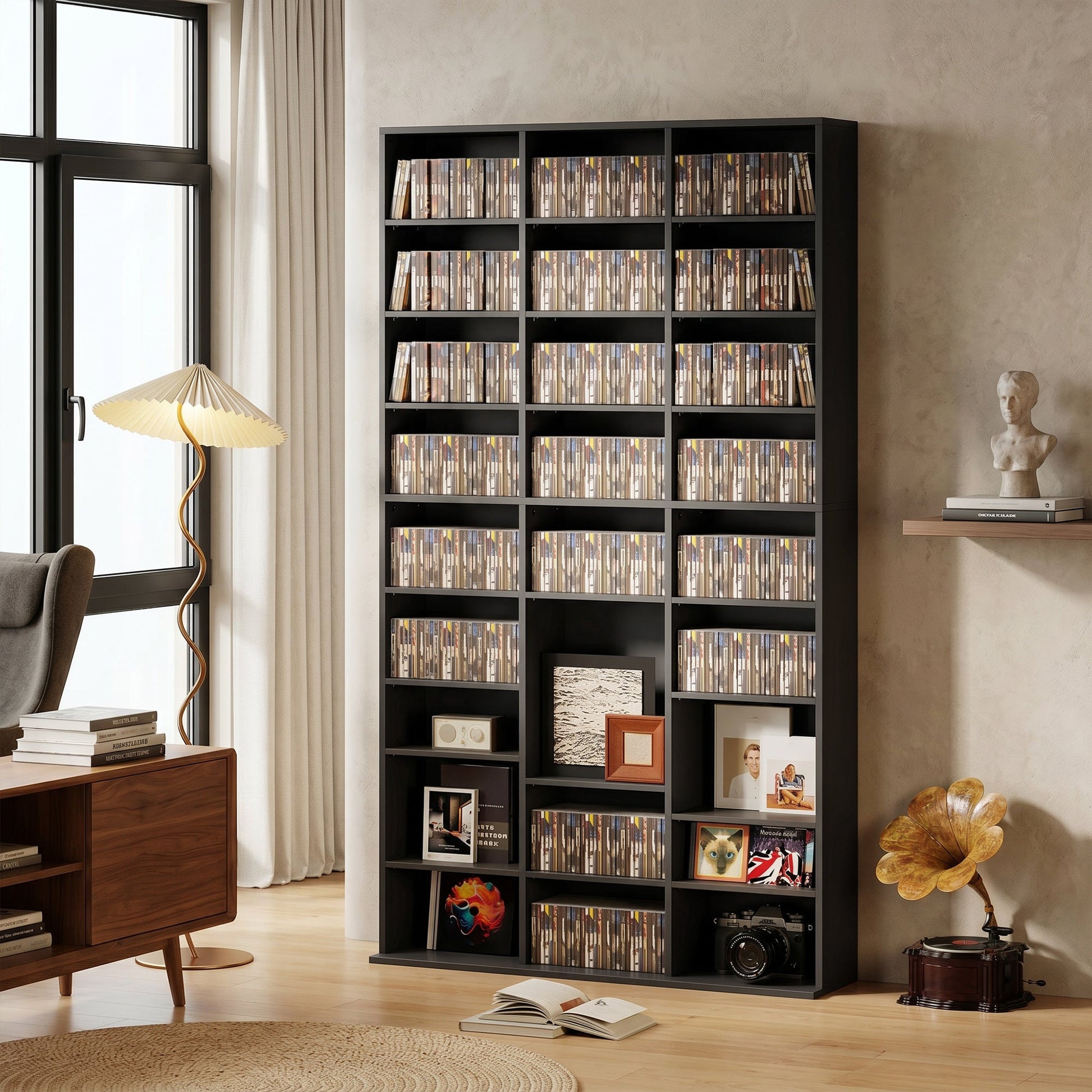 835 CD/500 DVD Storage Unit, Blu-ray Media Storage Shelf with 27 Compartments and 21 Adjustable Shelves, CD Tower for Living Room, Bedroom, Office, Black