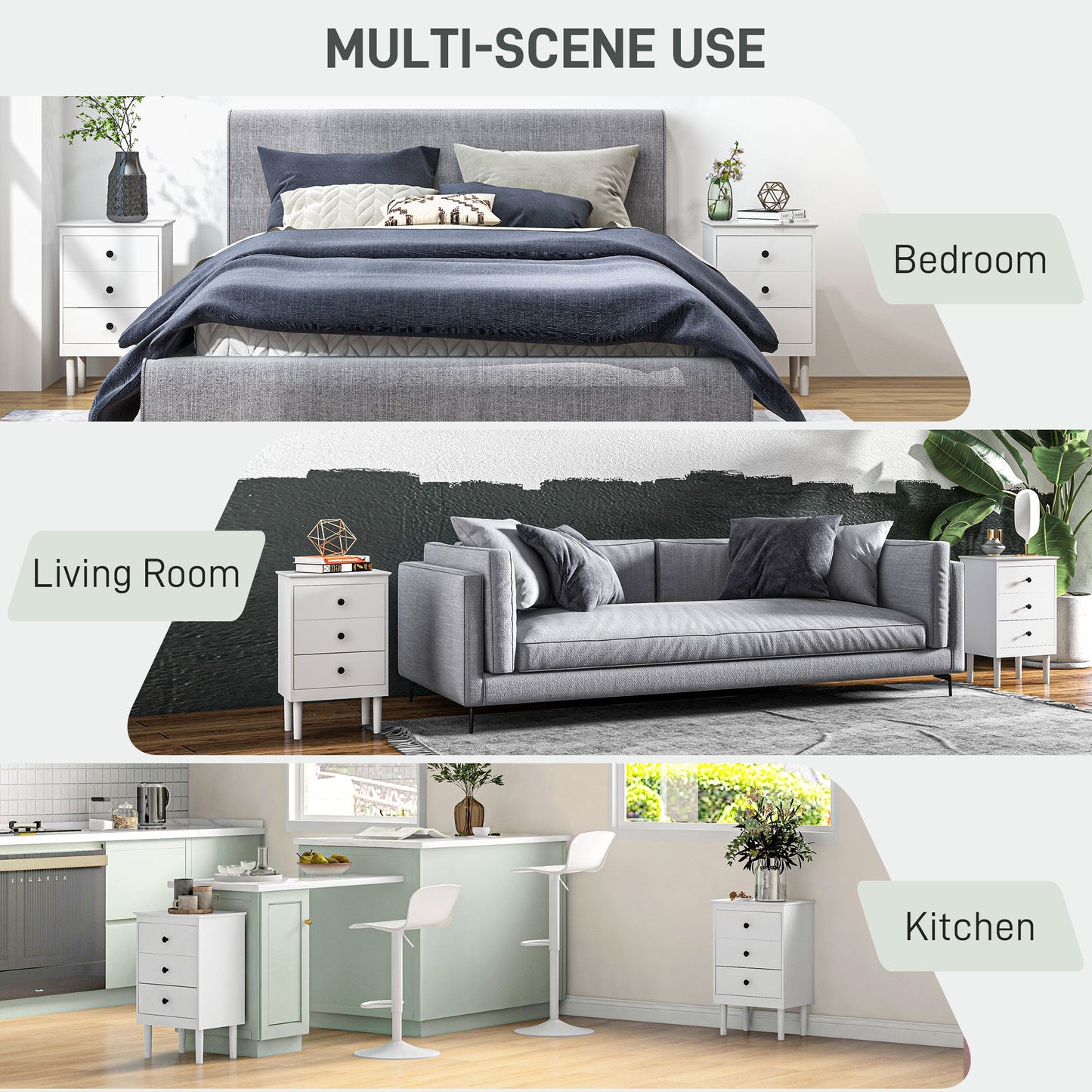 HOMCOM Bedside Table Set of 2, Bedside Cabinet with 3 Drawers, Modern Sofa Side Table, Nightstand for Bedroom, 40x30x64cm, White
