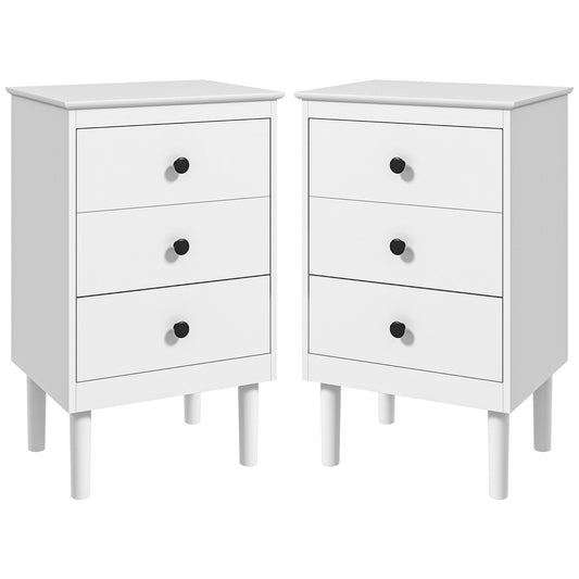 HOMCOM Bedside Table Set of 2, Bedside Cabinet with 3 Drawers, Modern Sofa Side Table, Nightstand for Bedroom, 40x30x64cm, White
