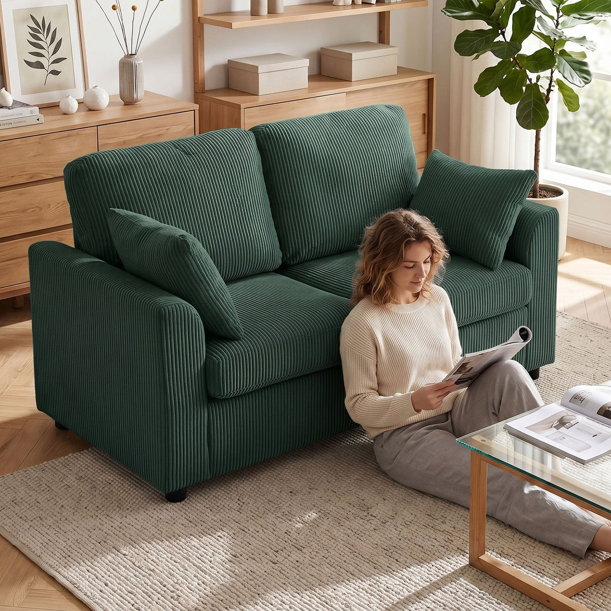 2 Seater Sofa, 144cm Corduroy Small Couch with Spring Cushion, Wide and Deep Seat, Plush Backrest, 2 Pillows, Loveseat Sofa Settee for Small Space, Living Room, Bedroom, Home Office, Dark Green
