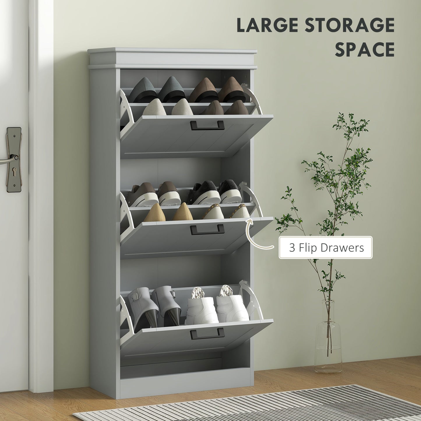 3 Drawers Entryway Shoe Cabinet, Narrow Shoe Storage Cabinet with 3 Flip Drawers and Adjustable Shelves for 15 Pairs of Shoes, Grey