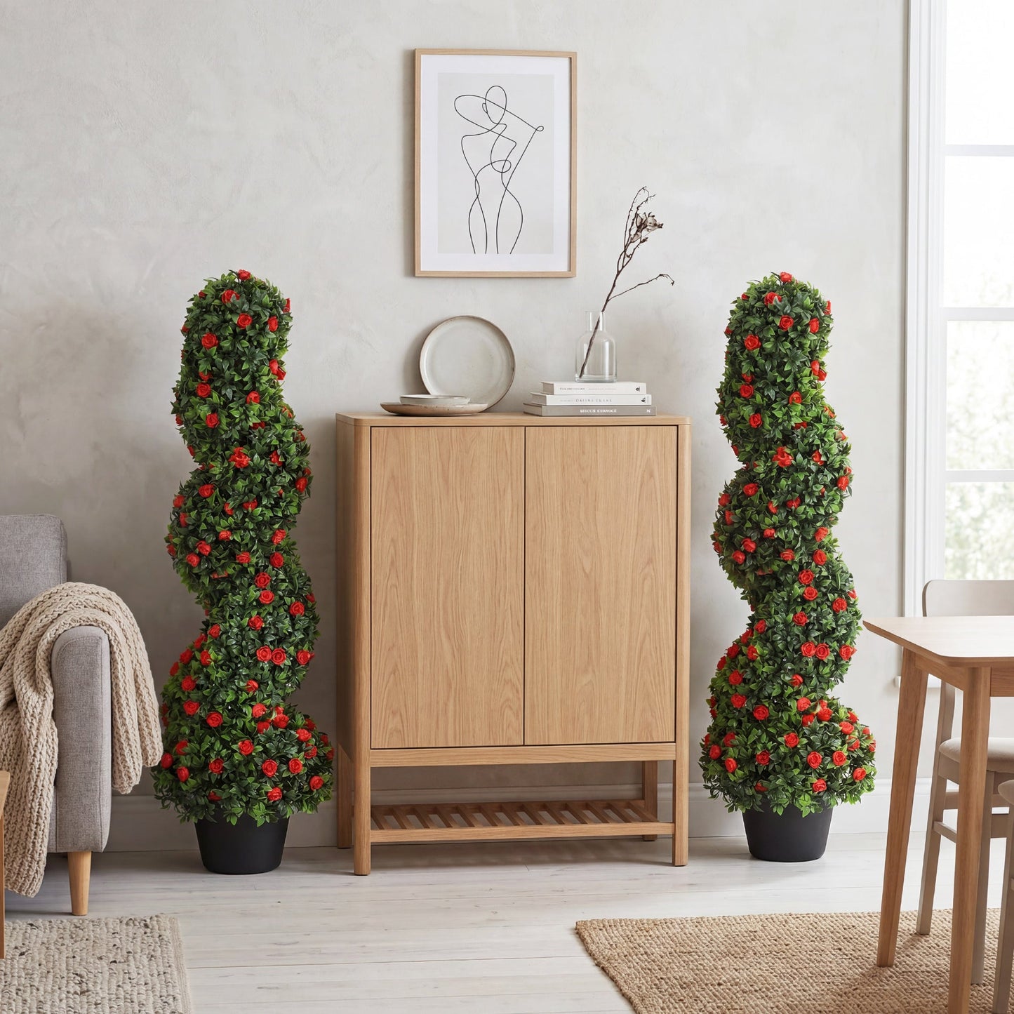 Set of 2 Artificial Rose Spiral Topiary Tree, Indoor Outdoor Artificial Plants with 630 Leaves and 133 Roses, Fake Plants for Home Office Living Room Decor, 90cm, Red