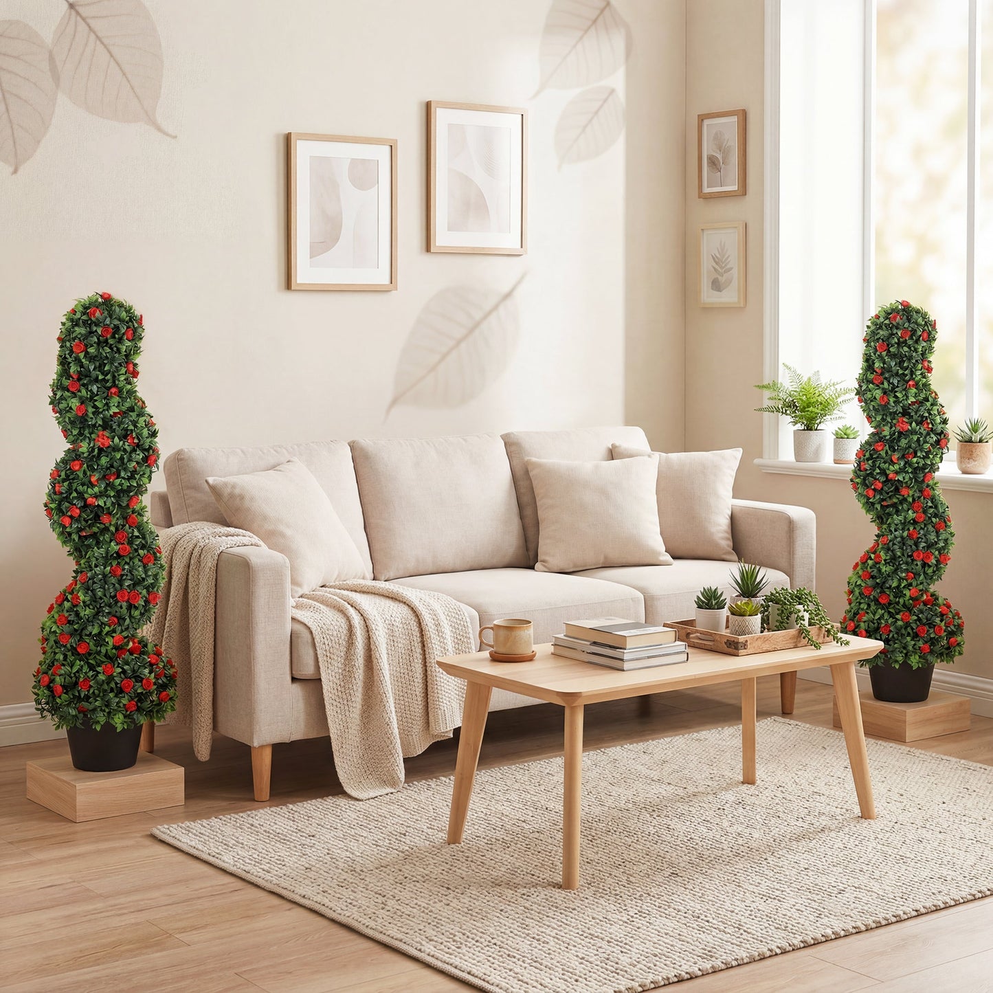 Set of 2 Artificial Rose Spiral Topiary Tree, Indoor Outdoor Artificial Plants with 630 Leaves and 133 Roses, Fake Plants for Home Office Living Room Decor, 90cm, Red