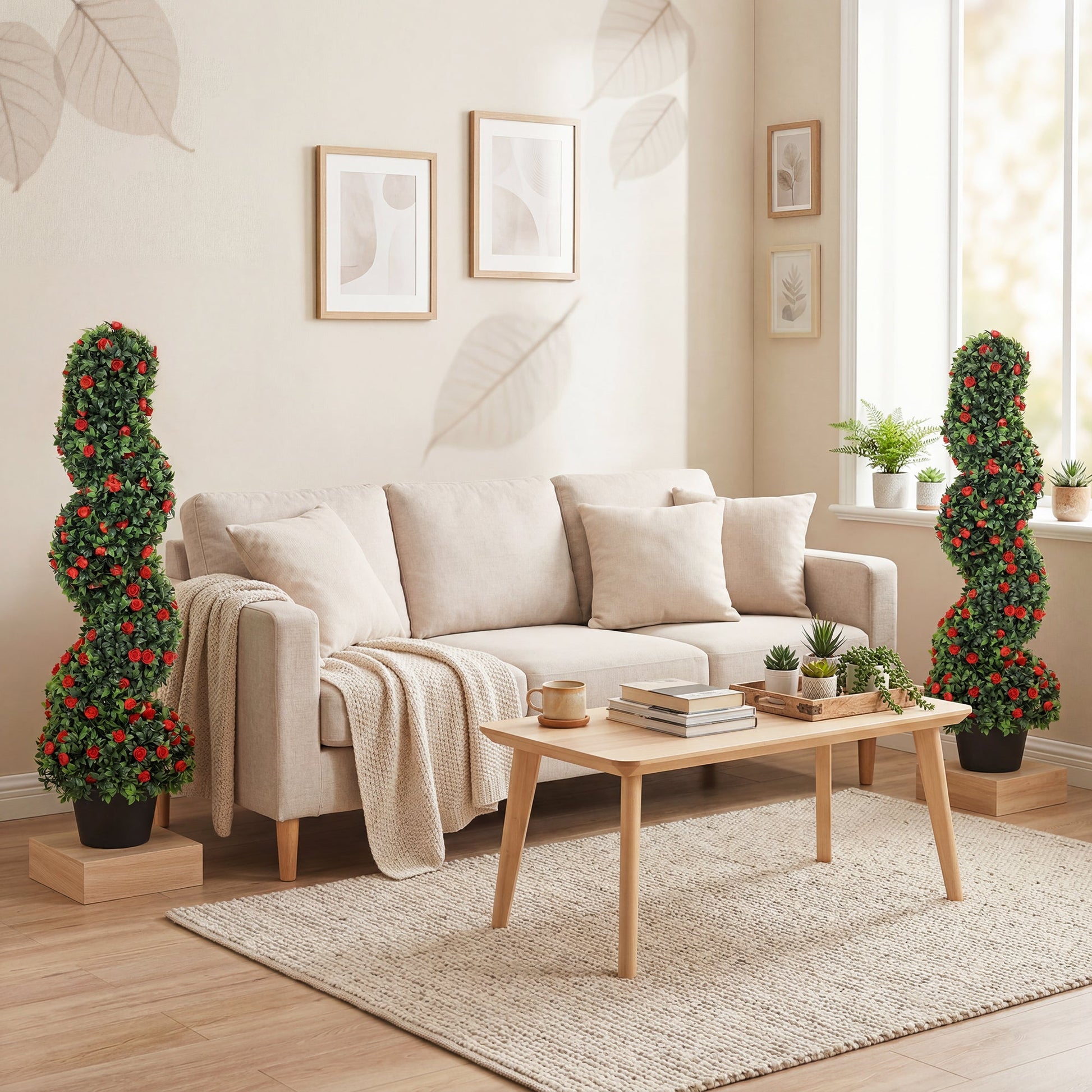 Set of 2 Artificial Rose Spiral Topiary Tree, Indoor Outdoor Artificial Plants with 630 Leaves and 133 Roses, Fake Plants for Home Office Living Room Decor, 90cm, Red