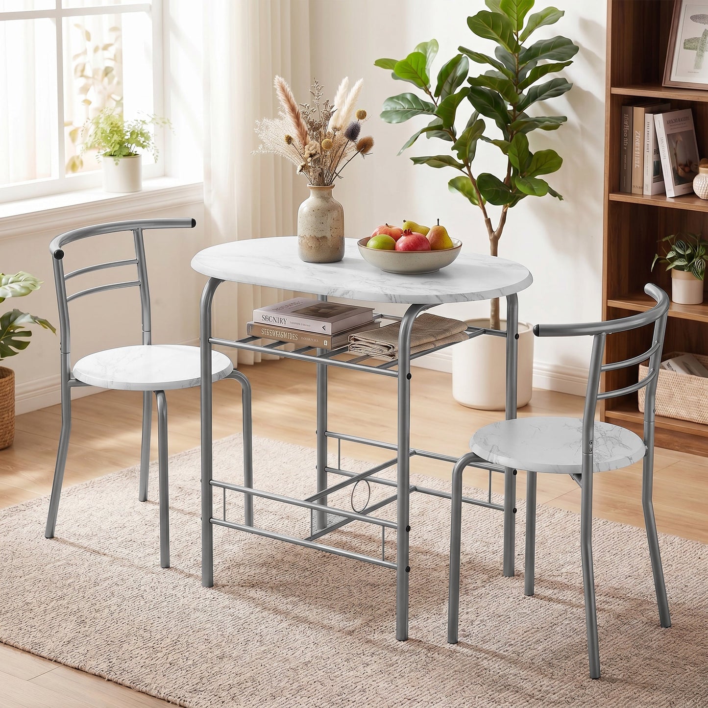 Dining Table and Chairs Set 3, Breakfast Bar Table and 2 Chairs with Storage Shelf, Marble-Effect Tabletop, Metal Frame, Dining Room Set for Living Room, Small Space, White