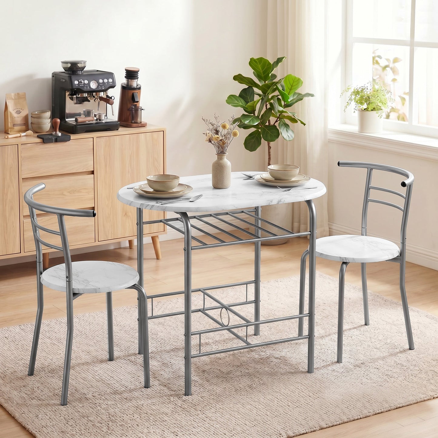 Dining Table and Chairs Set 3, Breakfast Bar Table and 2 Chairs with Storage Shelf, Marble-Effect Tabletop, Metal Frame, Dining Room Set for Living Room, Small Space, White