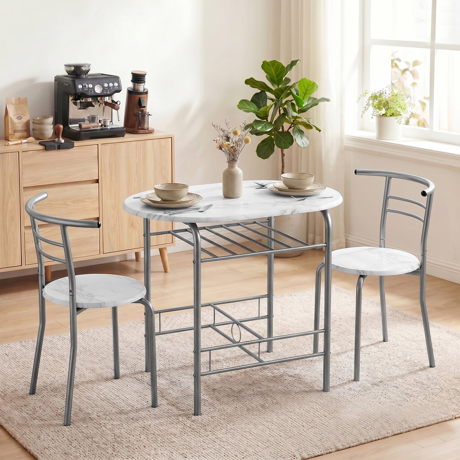 Dining Table and Chairs Set 3, Breakfast Bar Table and 2 Chairs with Storage Shelf, Marble-Effect Tabletop, Metal Frame, Dining Room Set for Living Room, Small Space, White