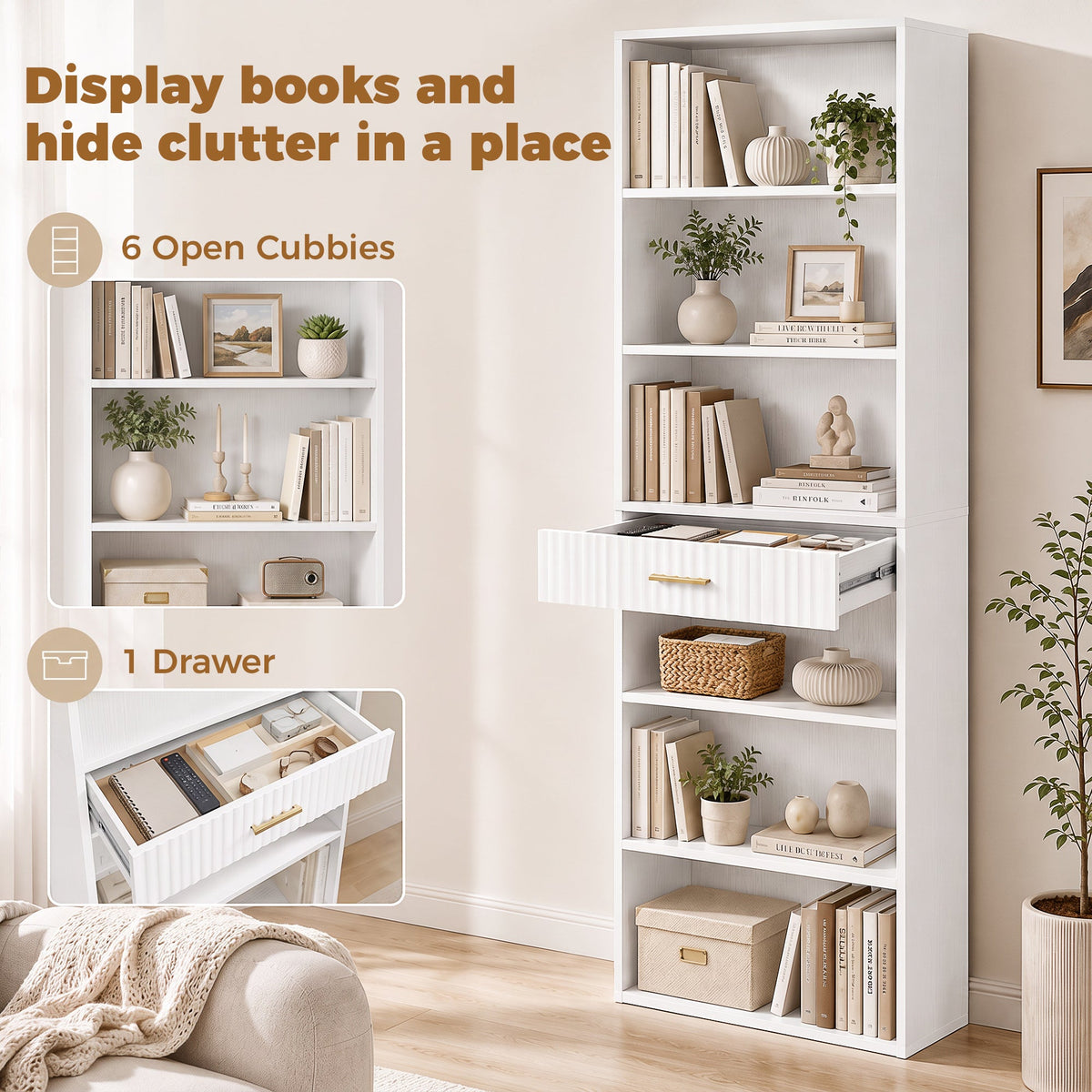 Tall Bookcase with Cubes, 7-Tier Bookshelf with Drawer, Freestanding Shelving Unit, 60 x 24 x 182 cm, Space-Saving for Study, Home Office, Living Room, White