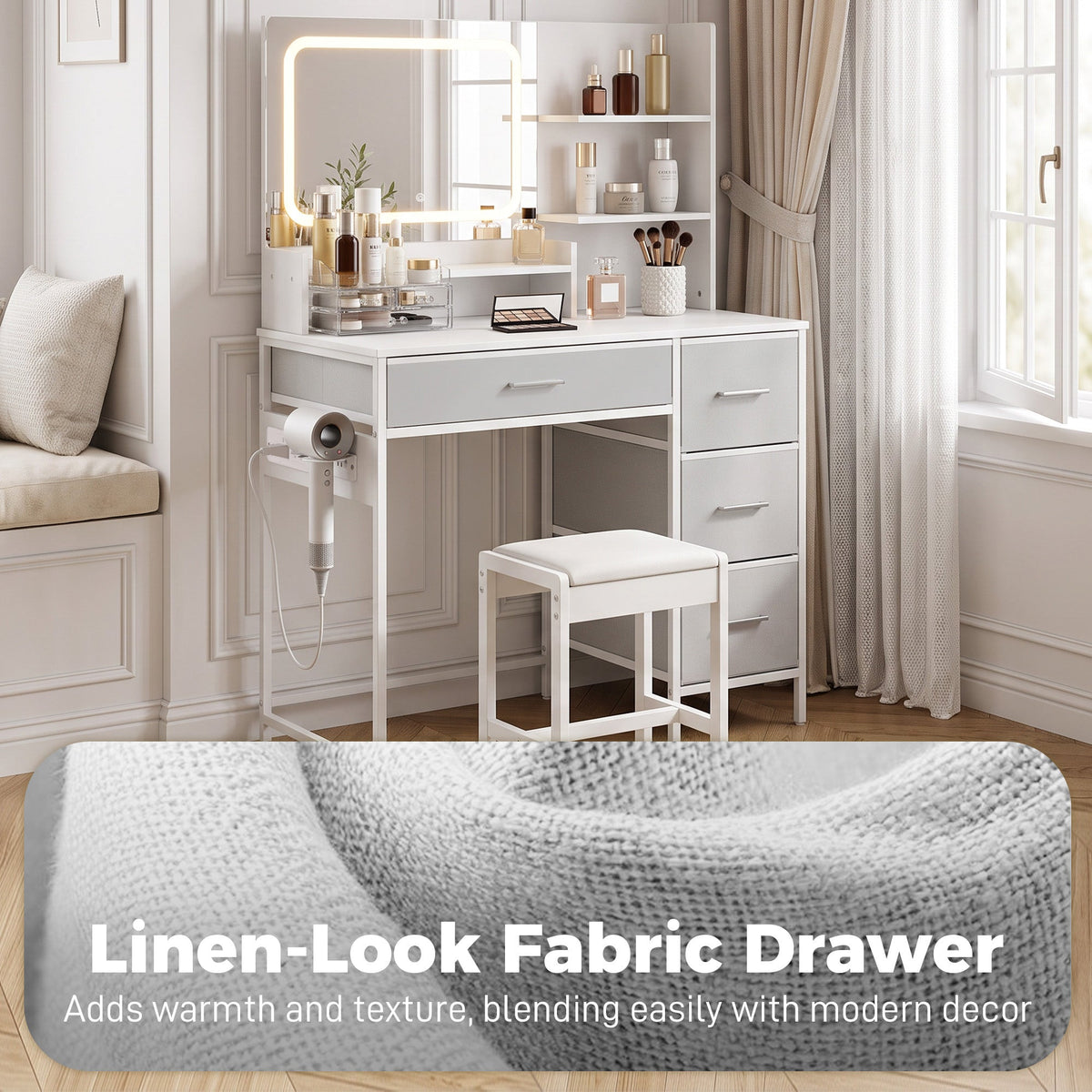 Dressing Table with 3-Colour LED Mirror and Power Outlet, Vanity Desk with 4 Drawers, 5 Open Shelves and Hair Dryer Holder, Modern Makeup Table for Bedroom, 88 x 40 x 130 cm, White