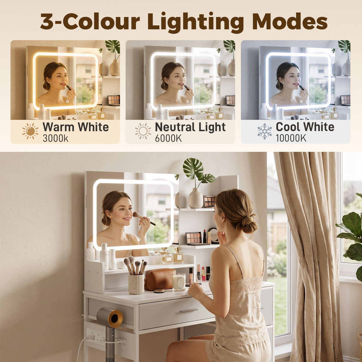 Dressing Table with 3-Colour LED Mirror and Power Outlet, Vanity Desk with 4 Drawers, 5 Open Shelves and Hair Dryer Holder, Modern Makeup Table for Bedroom, 88 x 40 x 130 cm, White