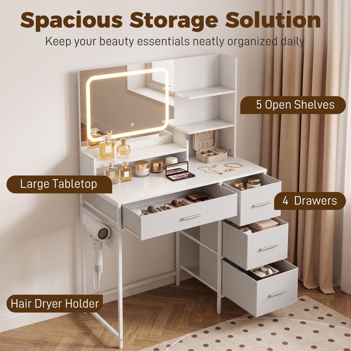 Dressing Table with 3-Colour LED Mirror and Power Outlet, Vanity Desk with 4 Drawers, 5 Open Shelves and Hair Dryer Holder, Modern Makeup Table for Bedroom, 88 x 40 x 130 cm, White