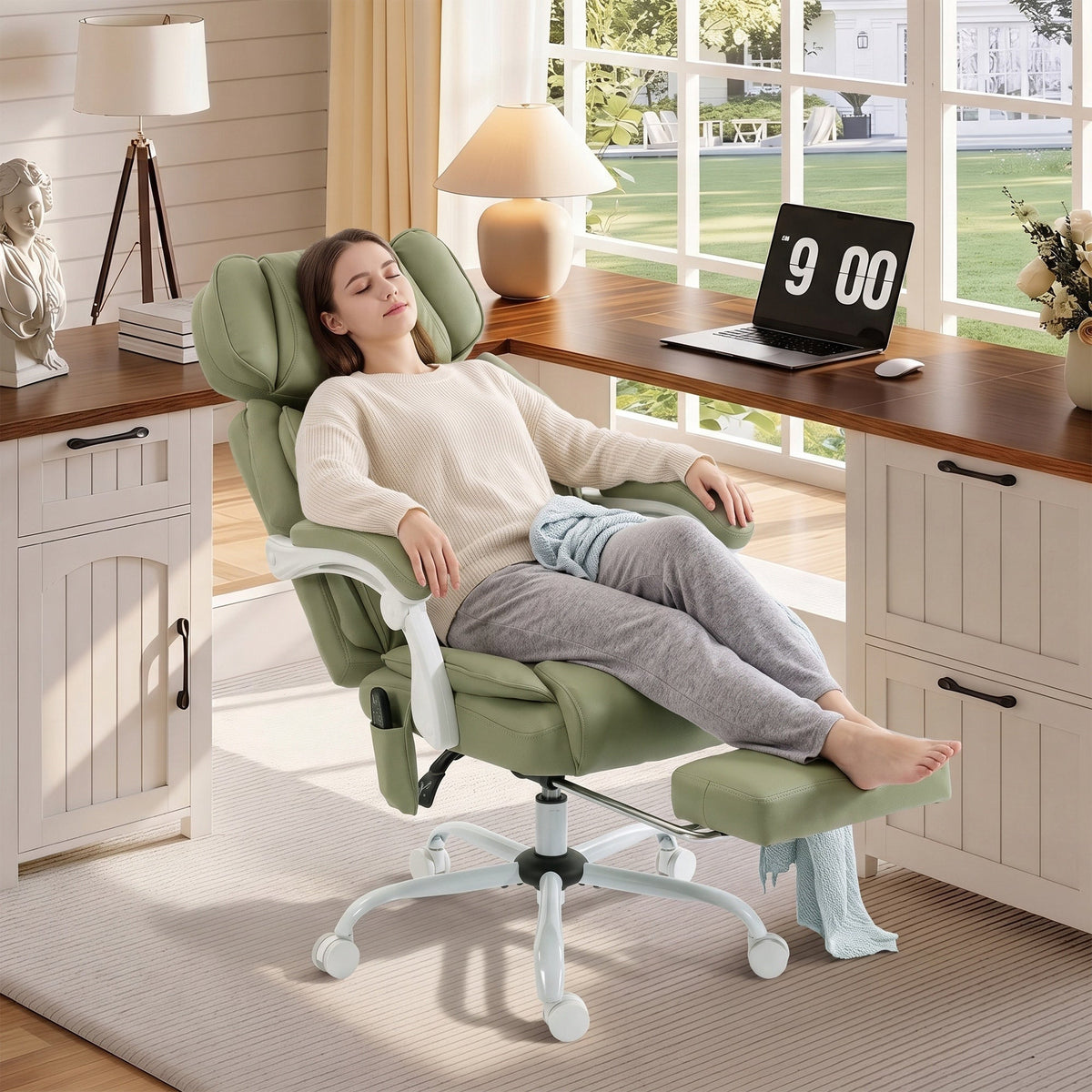Office Chair with 6-Point Vibration Massage and Heat, Leathaire Upholstered Computer Desk Chair with Adjustable Headrest, Footrest, Linkage Armrests, Reclining, Remote, Lime Green